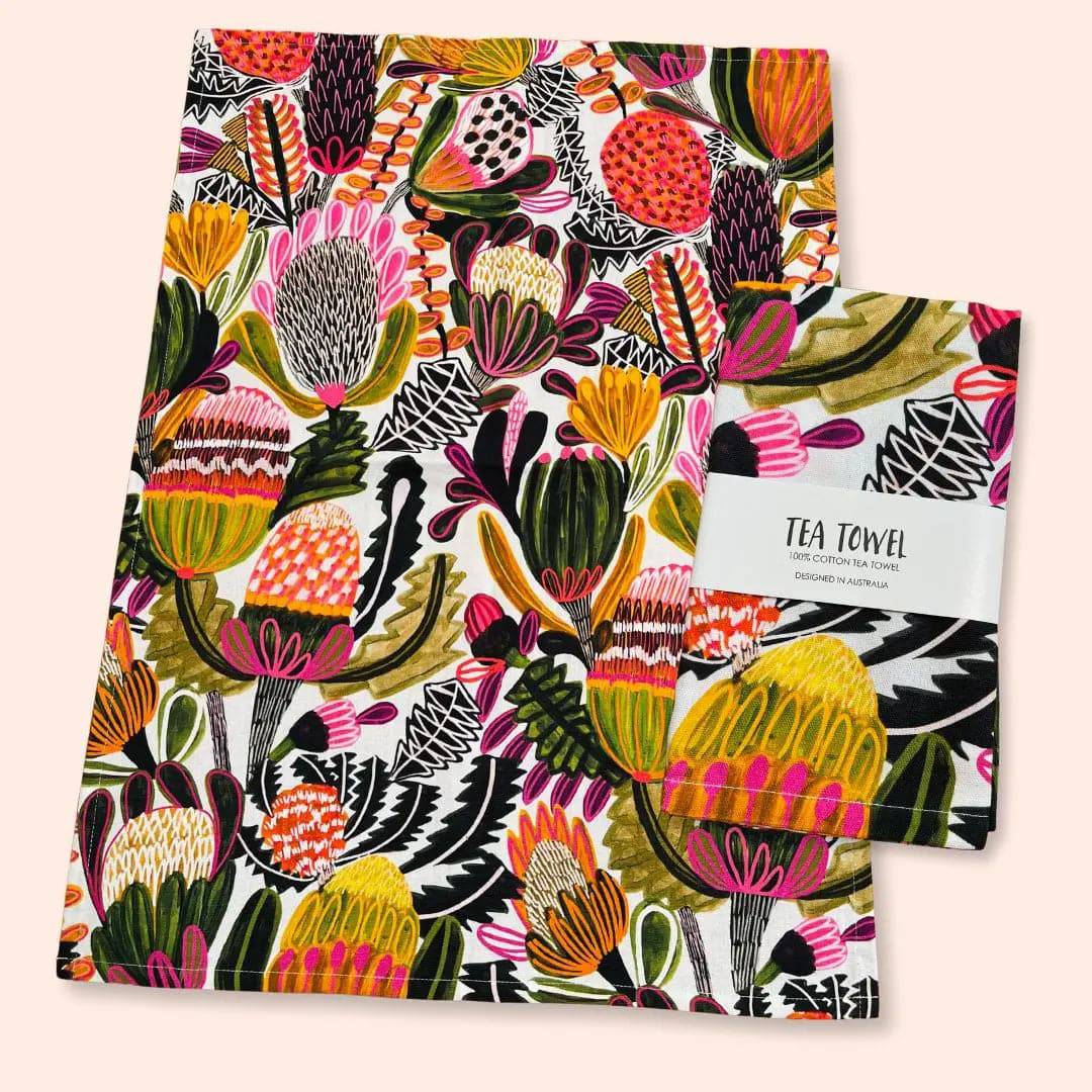 Banksias Designer Tea Towel - Premium Australian Floral Printed Kitchen Towel for Drying Dishes, Decor & Gift Giving - Perfect for Home, Cafe & Hostess Use