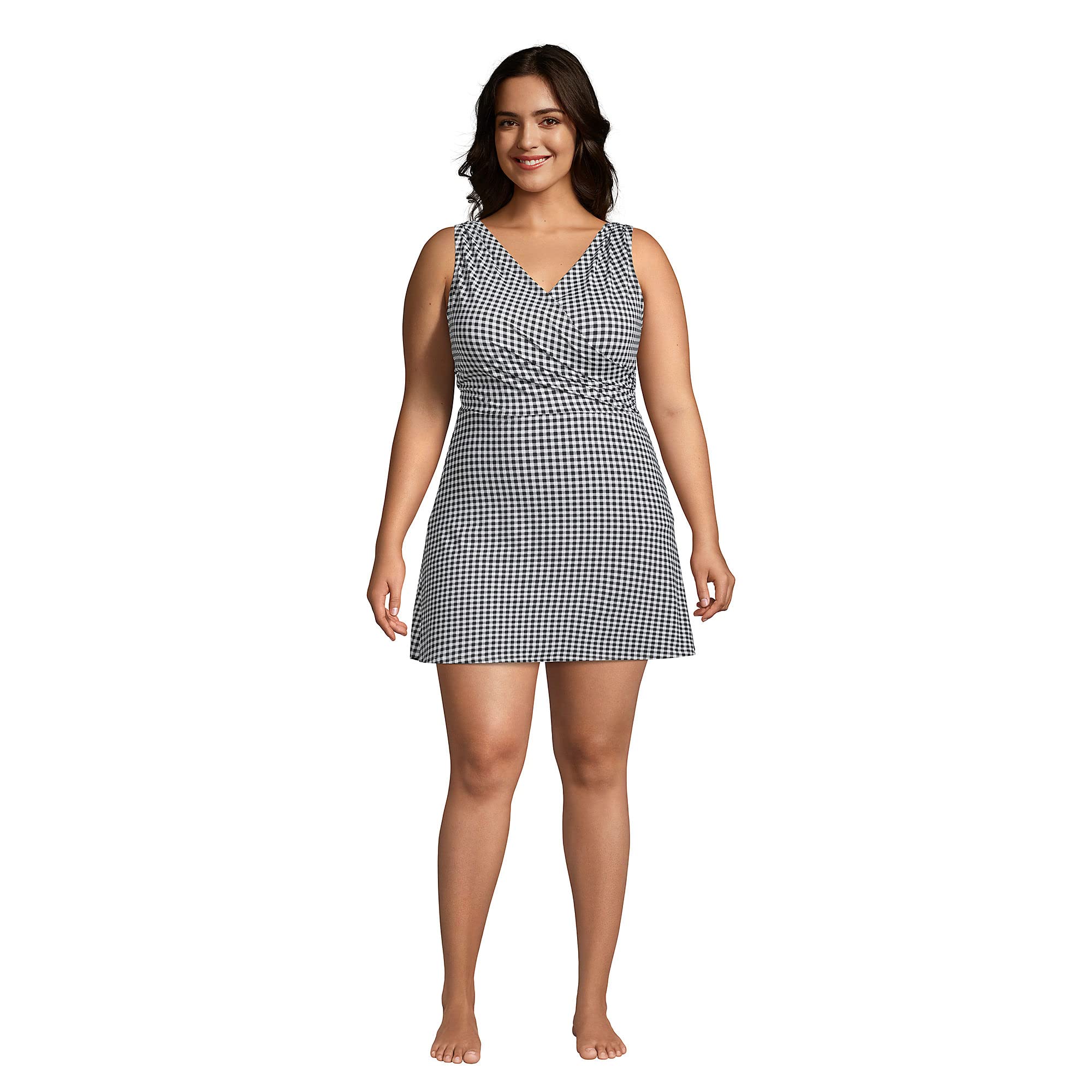 Lands' End Women's Chlorine Resistant Surplice Swim Dress with Control - Black/White Gingham Plus Size 24W | Perfect for Beach Vacations, Pool Parties & Summer Getaways