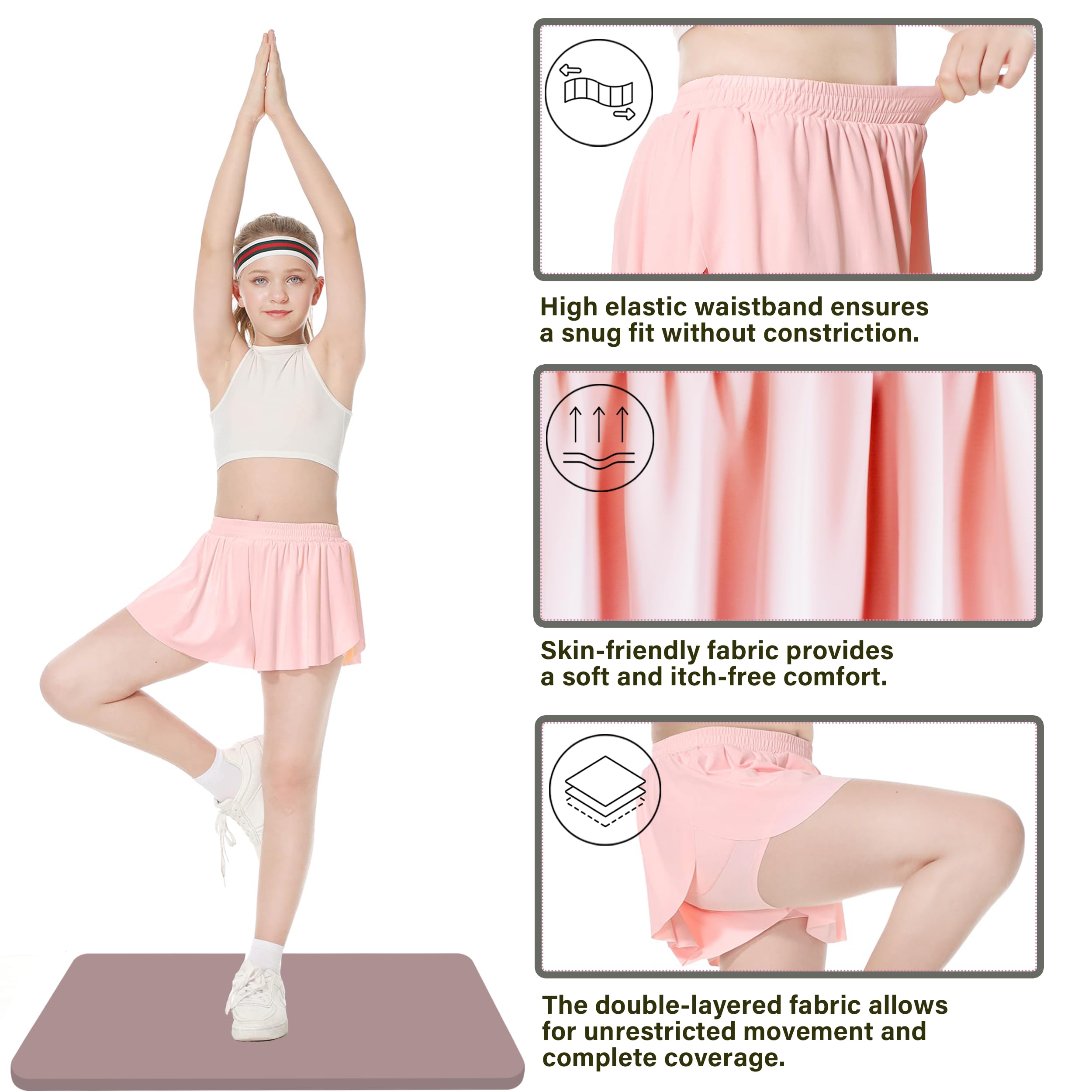 Girls' Athletic Flowy Butterfly Shorts 2-in-1 Skorts - Preppy Tennis, Golf, Cheerleading & Running Skirts for Active Kids - Perfect for Sports Practice, School PE & Outdoor Play