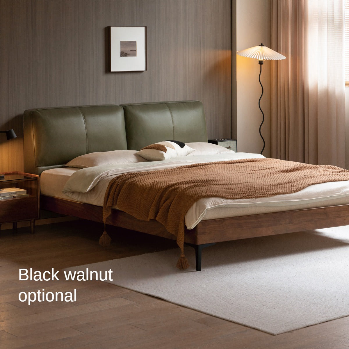 Luxury Oak Solid Wood Bed with Soft Leather Upholstery - Elegant Master Bedroom Furniture for Modern Home Decor