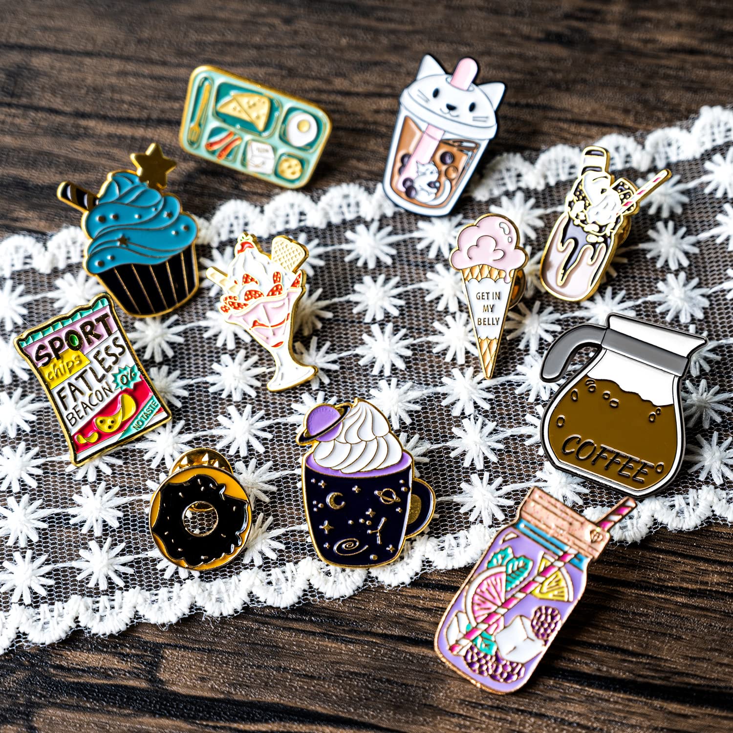 11-Piece Enamel Pin Badge Set - Fashion Brooch Pins for Women & Teens - Metal Lapel Pins for Jackets, Bags, Hats & DIY Crafts (Gourmet Food Theme) - Perfect for Outfits, Backpacks & Gifts