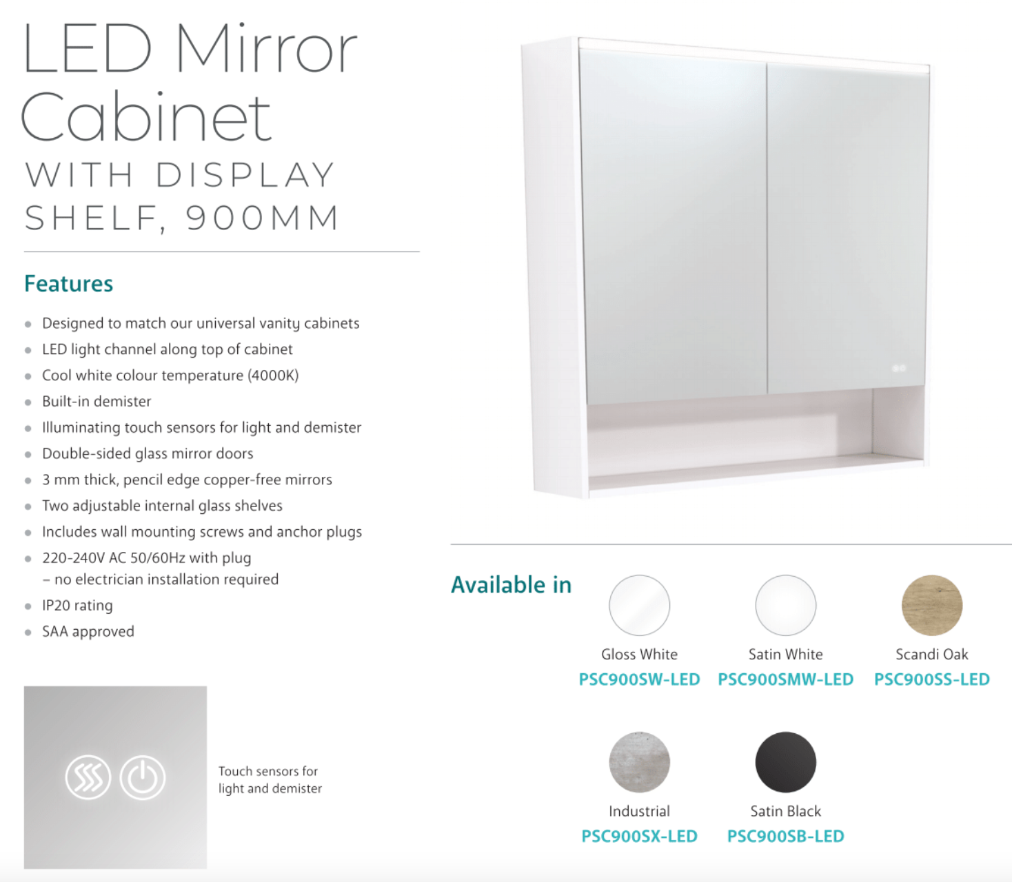 Fienza PSC900SS 36-Inch LED Bathroom Mirror Cabinet with Undershelf Lighting - Modern Scandi Oak Finish - Perfect for Small Bathrooms & Vanity Areas