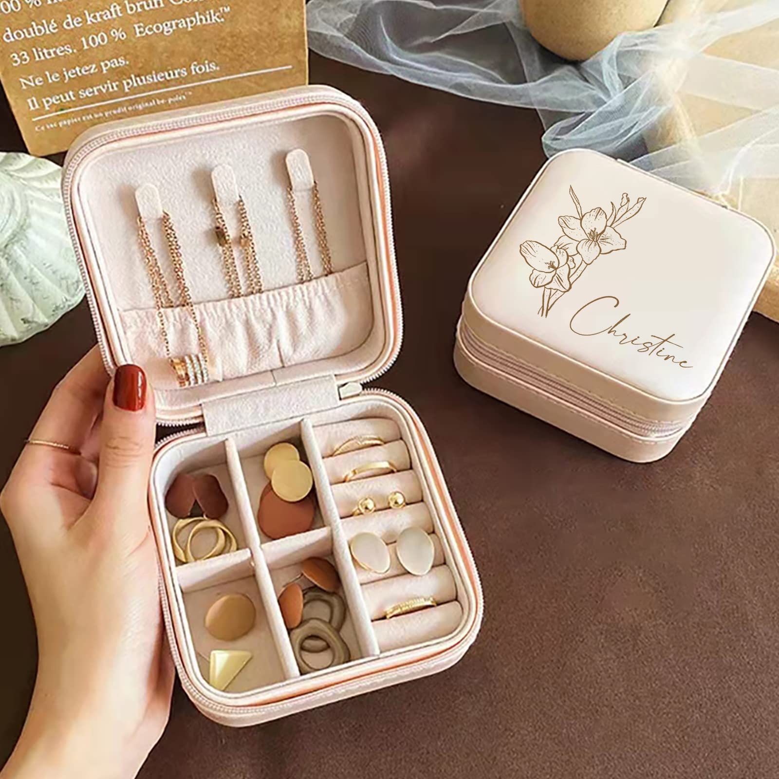 Personalized Jewelry Box for Women - Custom Travel Jewelry Organizer with Birth Flower & Name, Portable Small Jewelry Case | Perfect Bridesmaid Gifts, Wedding Gifts, Birthday & Anniversary Presents for Mom, Wife, Girlfriend | Great for Travel, Home Storage & Special Occasions