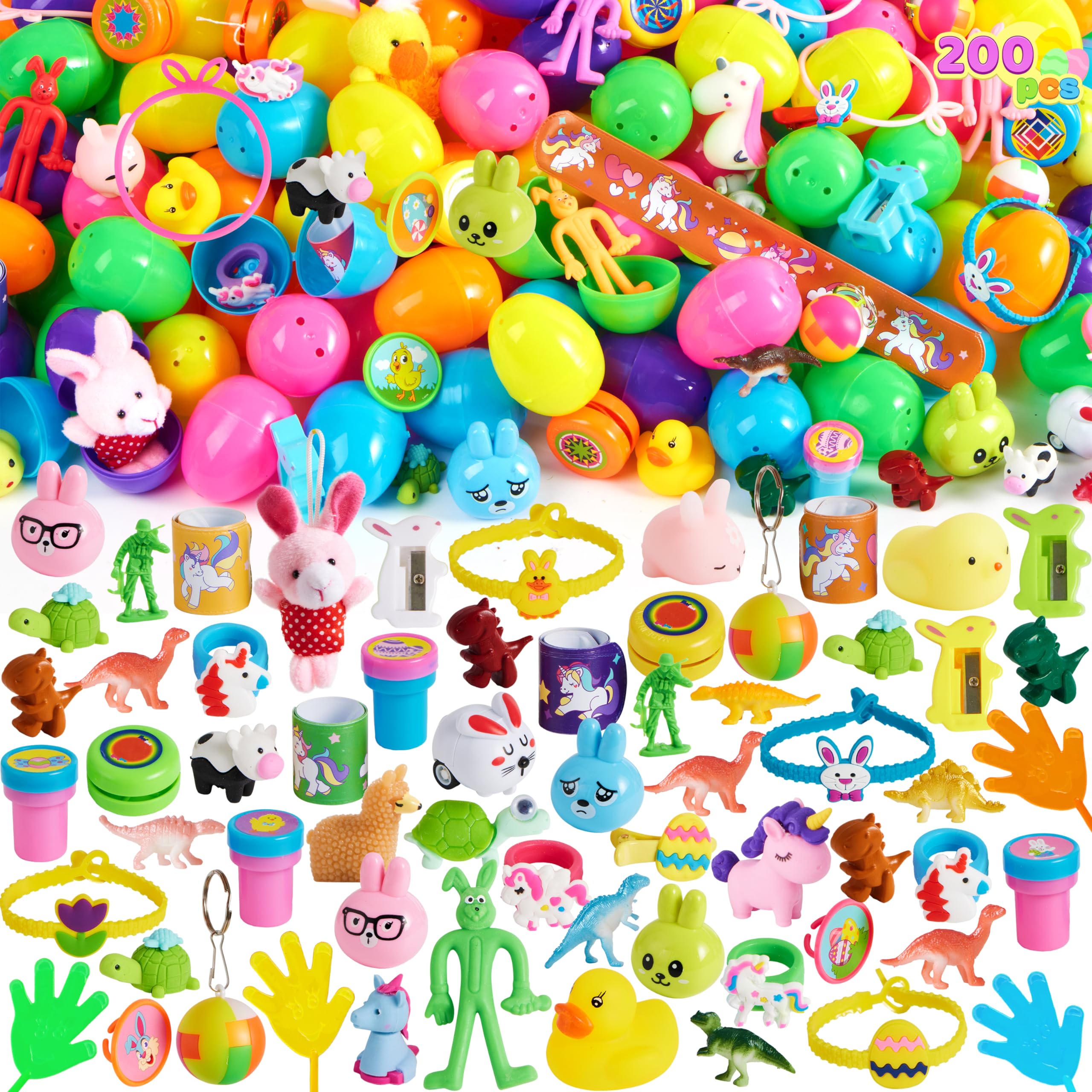 JOYIN 200 Pcs Prefilled Easter Eggs with Assorted Toys & Stickers - Easter Egg Hunt Party Supplies for Kids, Boys & Girls - Basket Stuffers, Party Favors for Easter Celebrations, Classroom Activities & Birthday Gifts