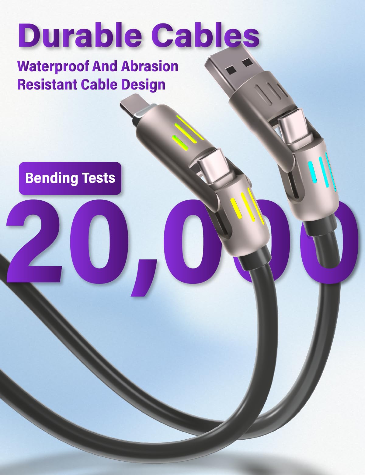240W 4-in-1 USB C Fast Charging Cable with Breathing Light | PD 5A Multi-Device Charger | Compatible with iPhone 15/14/13, Samsung Galaxy, MacBook, Laptops | 4FT Durable Silicone Cable (Gray) - Perfect for Home, Office & Travel Charging