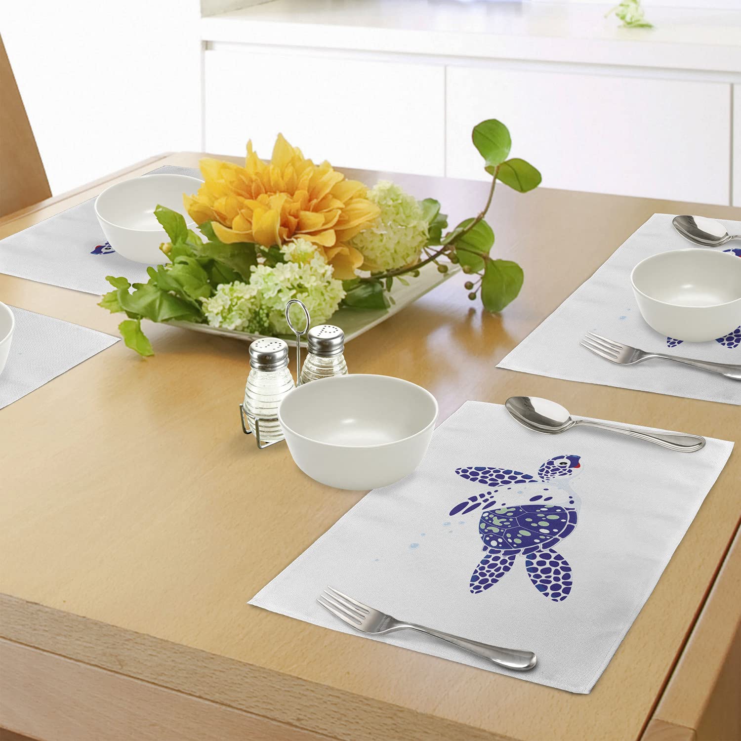 Lunarable Turtle Place Mats Set of 4 - Cartoon Underwater Animal Smiling Loggerhead Marine Reptile Washable Fabric Table Mats for Dining Room Kitchen Decor in Royal Blue Sea Green White | Perfect for Beach-Themed Parties, Ocean Lovers & Coastal Home Decor