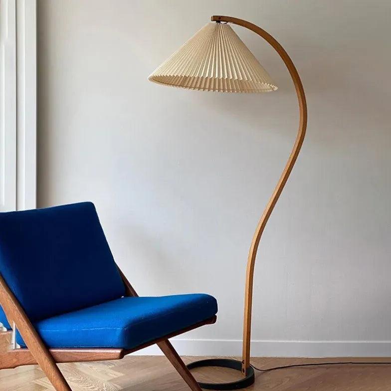 Modern Wooden Curved Fabric Floor Lamp for Bedroom - Adjustable Standing Light with Linen Shade - Perfect for Reading Nook, Living Room Corner & Cozy Nightstand Lighting