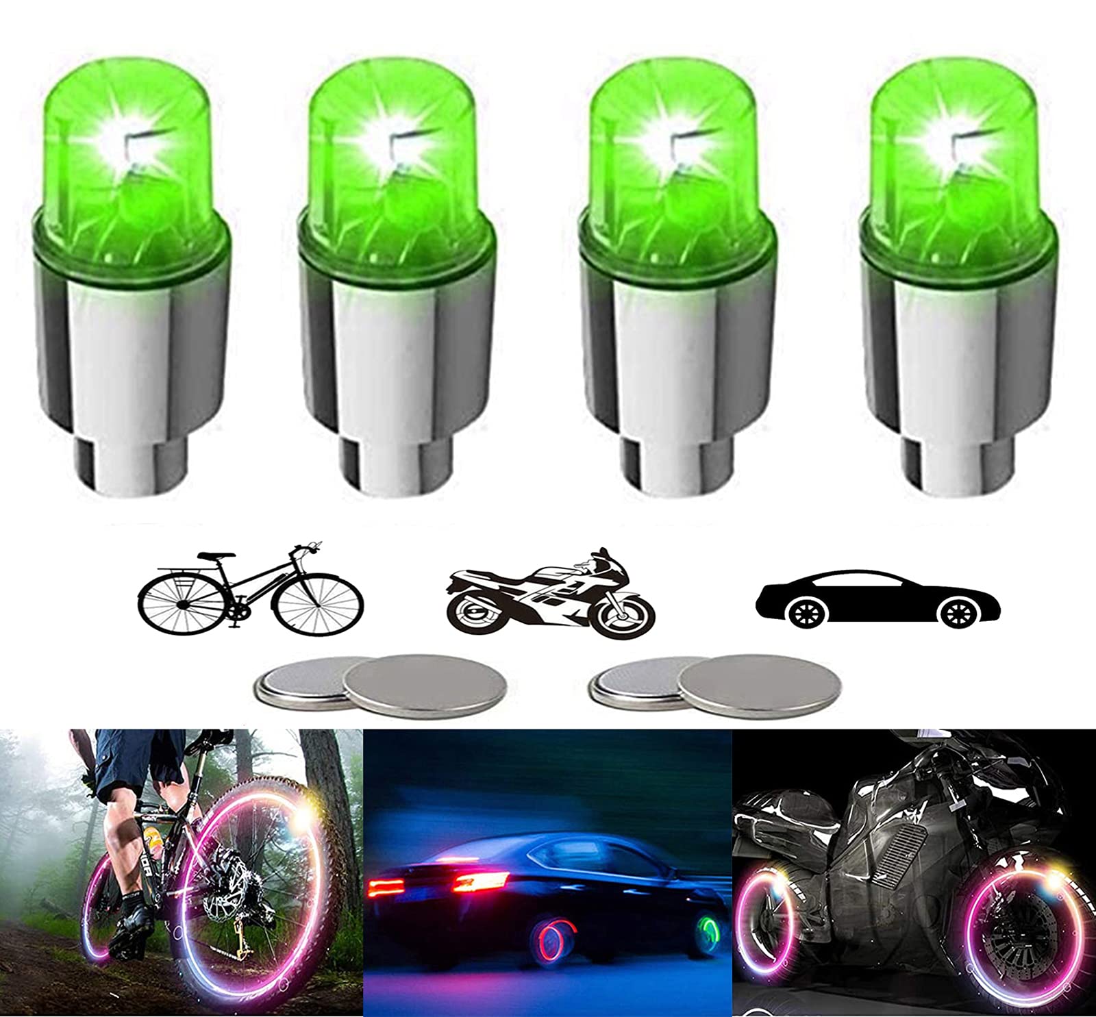 4 Pack LED Bike Wheel Lights - Valve Cap for Bicycle & Motorcycle - Night Riding Safety (Green)