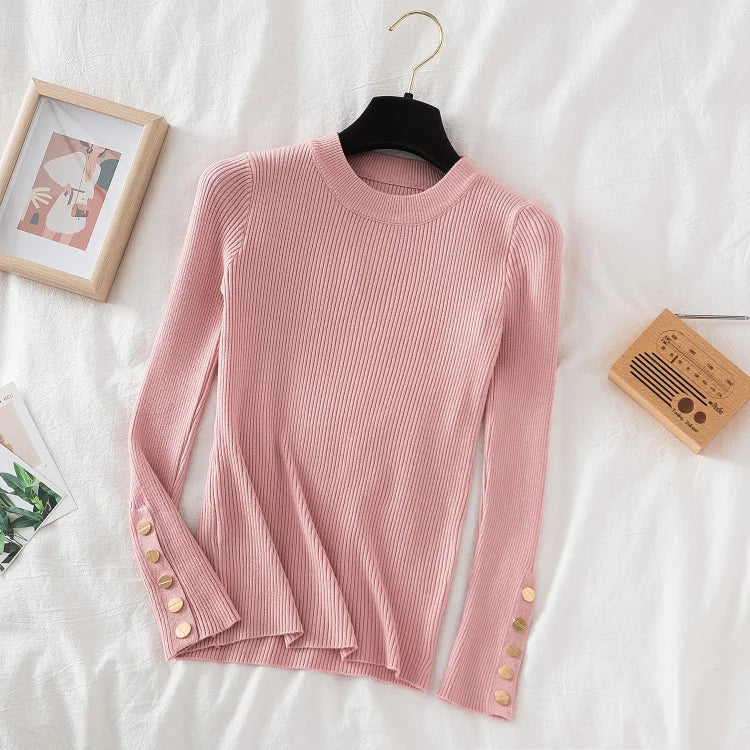 Thick Buttoned Long Sleeve O-Neck Sweater for Women - Cozy Winter Pullover for Casual Outfits & Office Wear