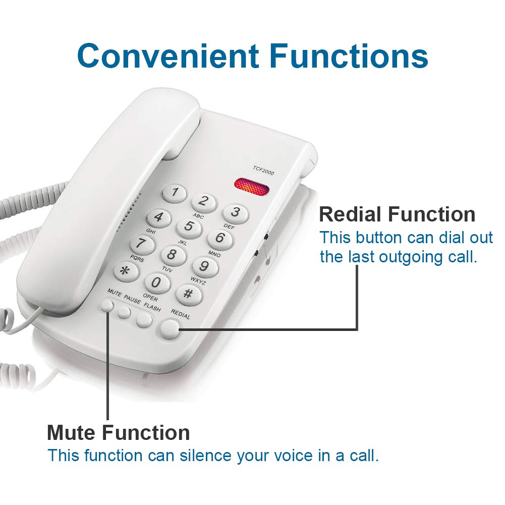 Corded Landline Telephone for Home & Office - Desk Phone with Redial, Mute Function - Wired Business Phone for Hotel, House, Workplace (White) - Perfect for Reception, Customer Service & Home Security