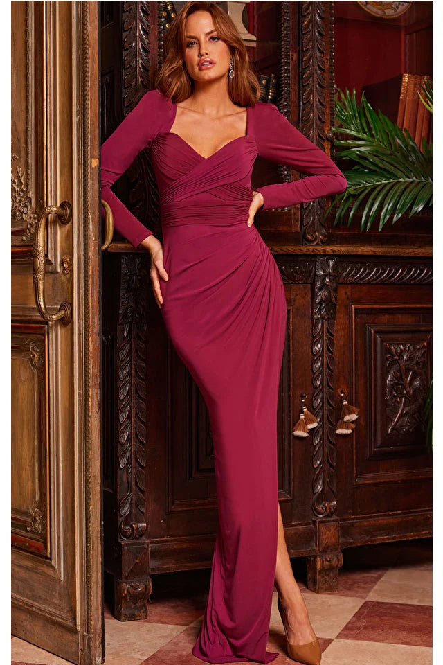 Jovani 09763 Burgundy Long Sleeve Fitted Evening Dress for Women - Elegant Formal Gown for Prom, Wedding, Cocktail Party & Special Occasions