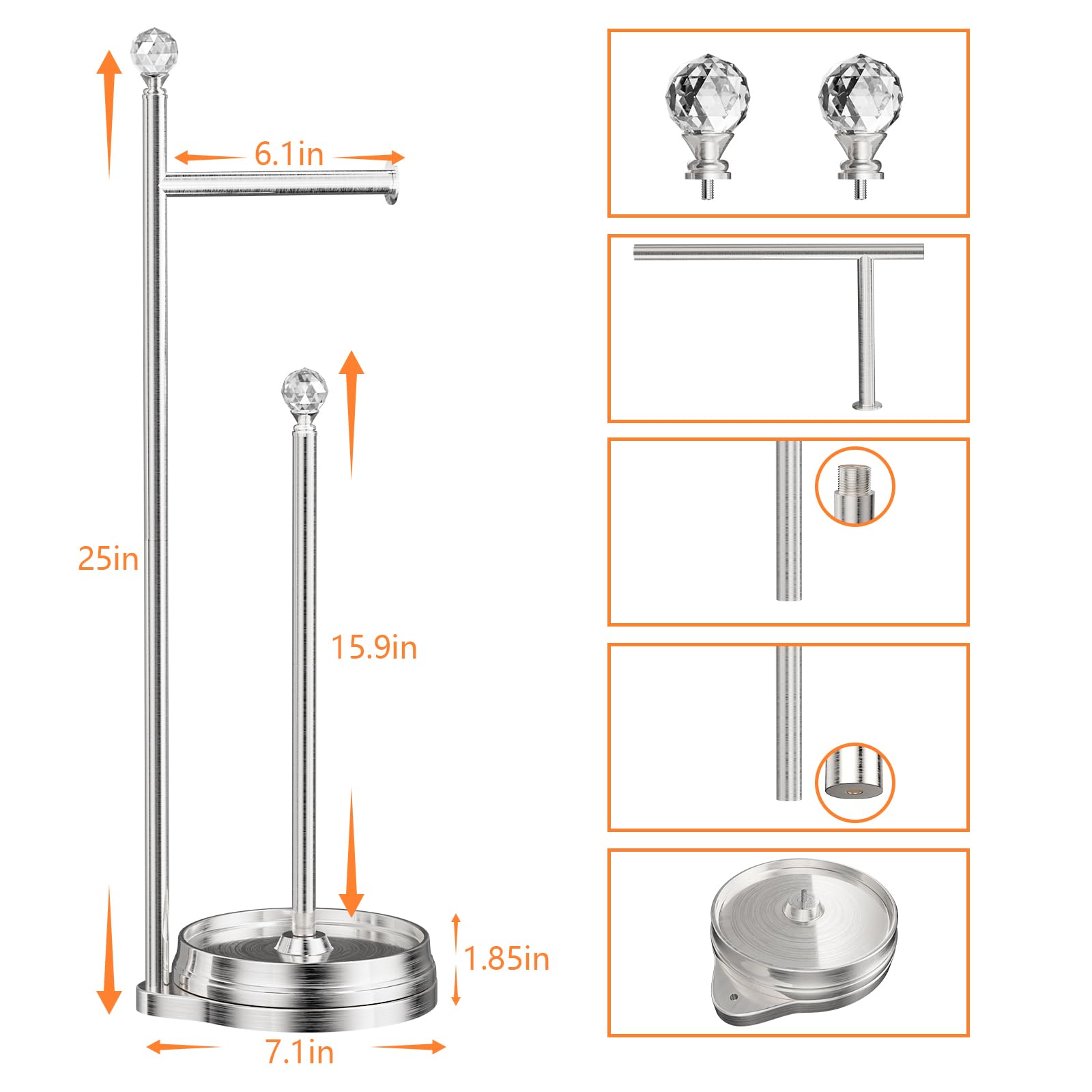 Heavy Weighted Metal Free Standing Toilet Paper Holder with Crystal Ball - Bathroom Tissue Roll Stand for Home, Office, or Guest Room - Durable & Stylish Bathroom Accessories for Modern Decor