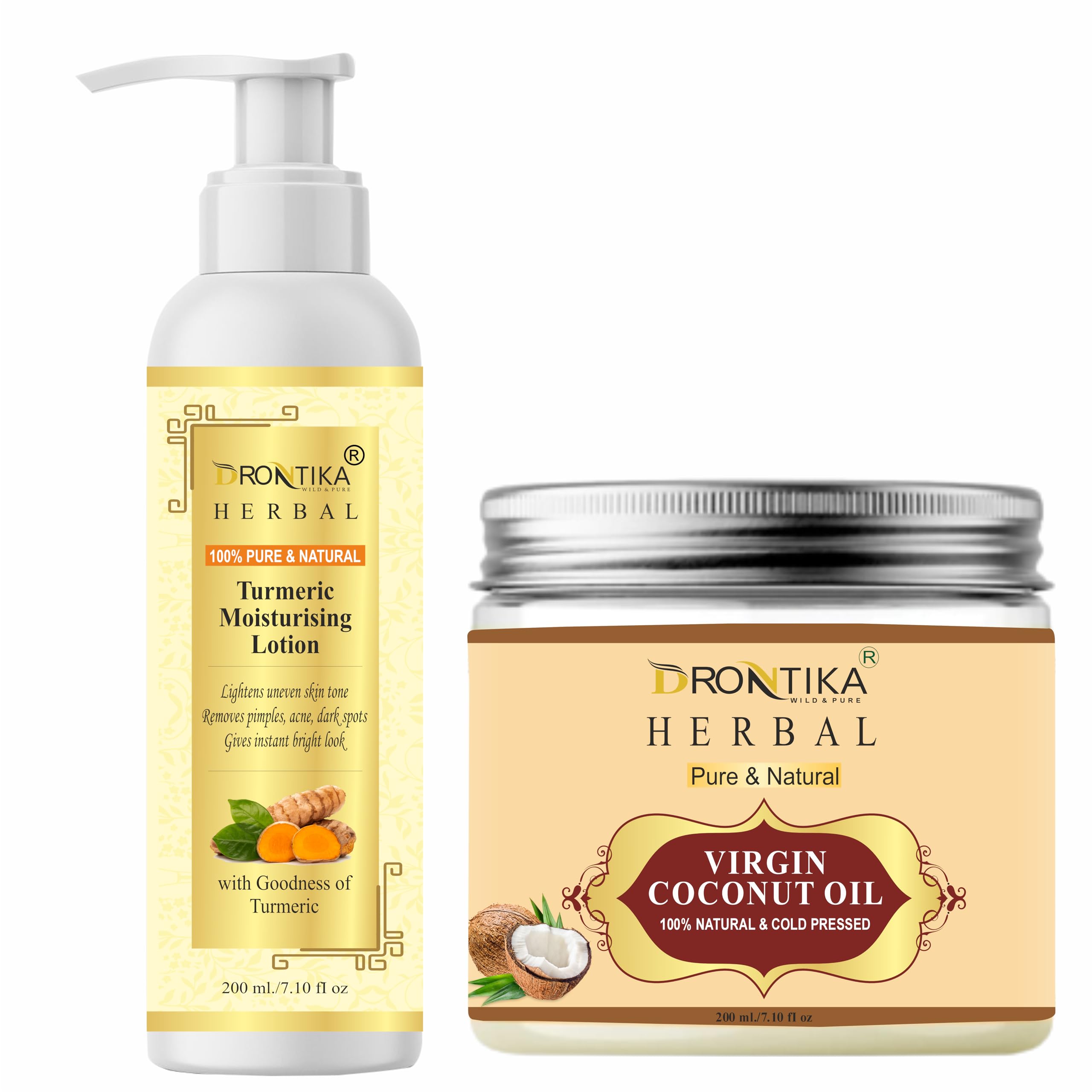 Drontika Wild & Pure Herbal Turmeric Moisturizing Ubtan Sunscreen Body Lotion SPF 30 with Turmeric & Saffron for Glowing Skin | Virgin Grade 1 Coconut Oil for Body & Hair Massage (200ml x 2) | Natural Skincare & Hair Care for Daily Hydration & Sun Protection