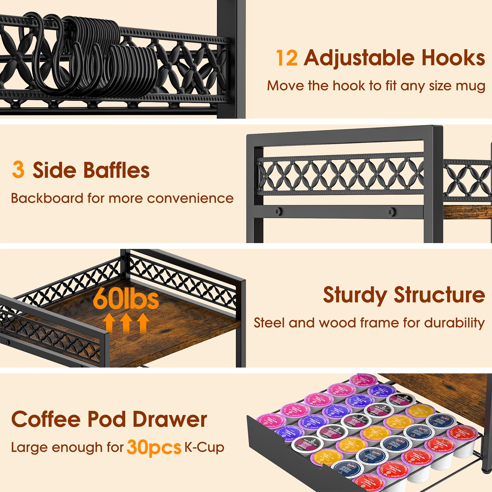 2-Tier Coffee Bar Organizer with 12 Hooks & 30 K-Cup Drawer - Multifunctional Mug Rack & Countertop Shelf for Kitchen Accessories - Perfect for Coffee Stations, Office Break Rooms & Small Space Organization
