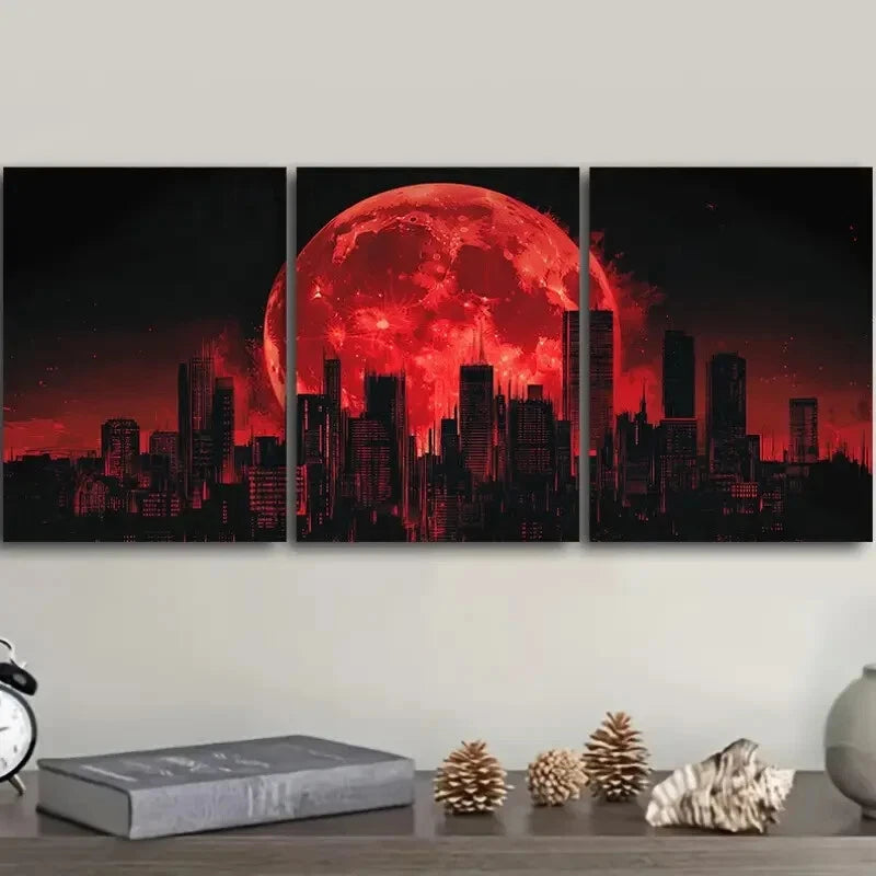 3-Piece Big Red Moon Over Cityscape Wall Art Set - Framed Canvas 40x60cm (16x24in) - High Quality Print - Australian Made - Ready to Hang - Perfect for Living Room, Bedroom & Office Decor