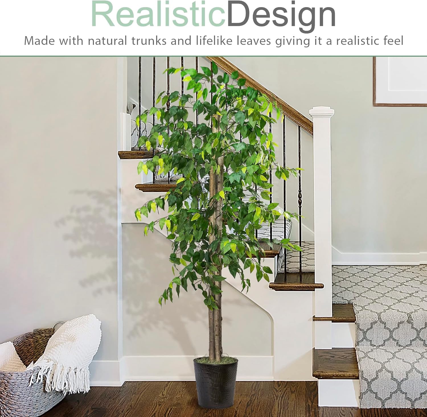 Premium 6FT Artificial Ficus Tree with Real-Wood Trunk & Black Metal Pot - Indoor Outdoor Faux Plant for Home, Office, Patio Decor - Perfect for Living Room, Bedroom, Balcony & Garden Spaces (Deluxe Edition)