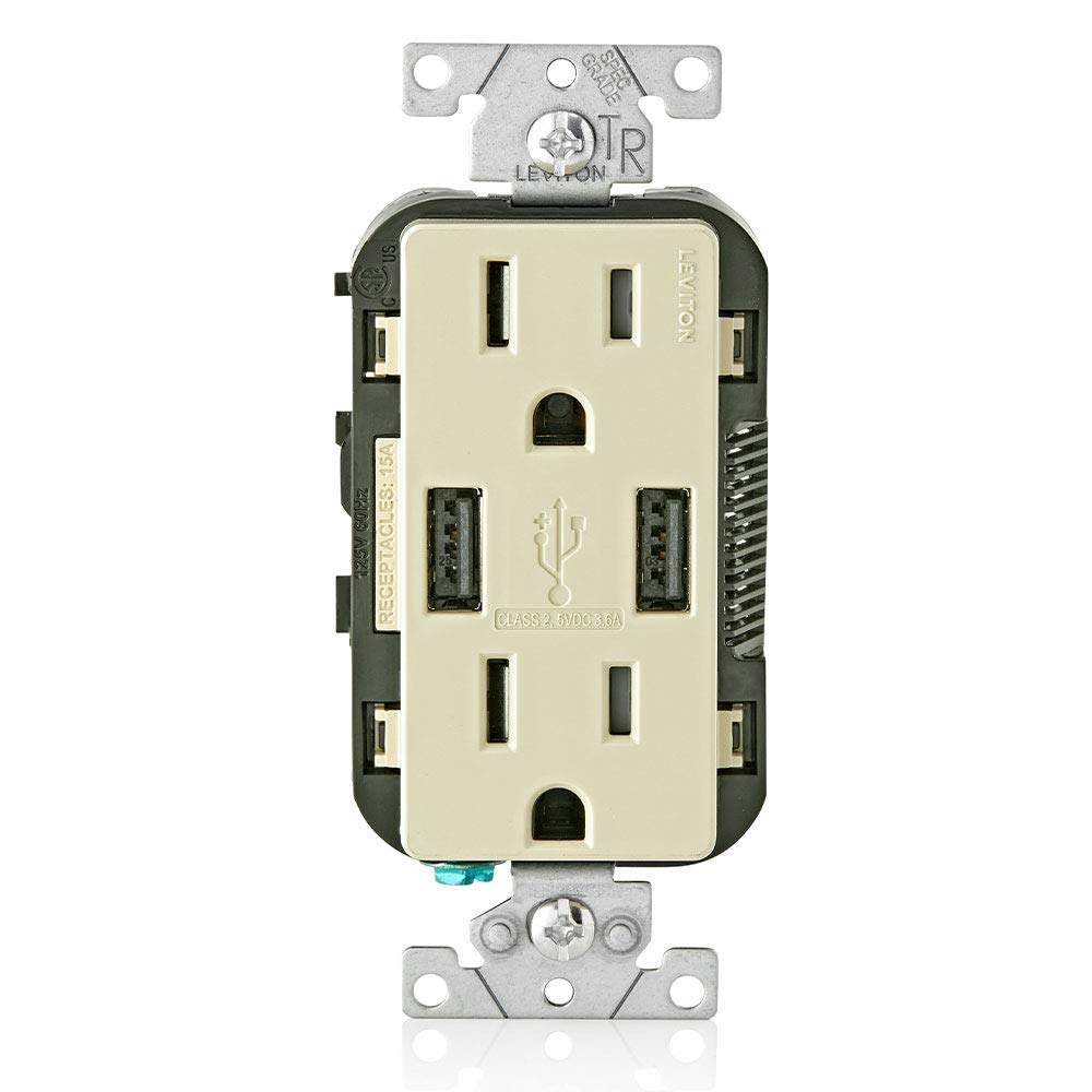Leviton T5632-I 15A Tamper-Resistant Outlet with Dual USB Charger Ports - Ivory Wall Plate for Smartphones & Tablets - Perfect for Bedrooms, Kitchens & Home Offices