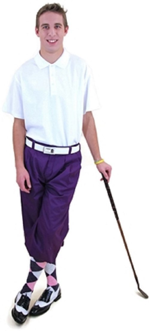 Kings Cross Men's Purple Knickers Set with Matching Cap, White Polo Shirt & Argyle Socks - Perfect for Casual Outings, Golf Wear & Vintage Fashion