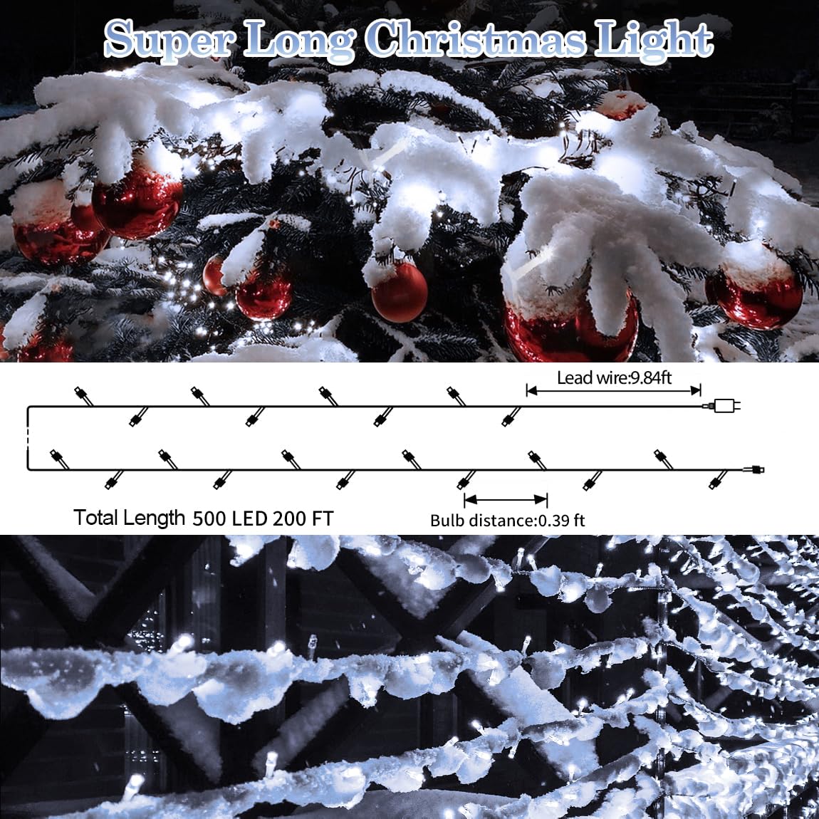 200 FT 500 LED Christmas Lights Outdoor Waterproof Fairy String Lights - Super Long 8 Modes with Timer, Clear Wire for House, Tree, Patio, Yard, Wedding & Holiday Decorations (Cool White) - Perfect for Outdoor Christmas Displays, Garden Parties and Festive Celebrations