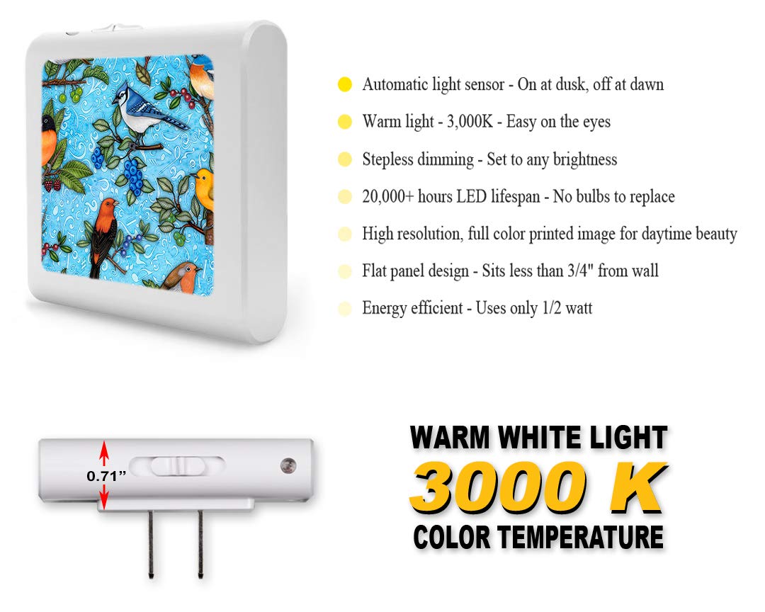 Dimmable LED Night Light with Auto On/Off Sensor, Adjustable Brightness & Warm White Light - Perfect for Bathroom, Hallway, Nursery & Bedroom (Song Birds Design by Dan Morris) - Energy Saving Nightlight for Kids, Adults & Seniors