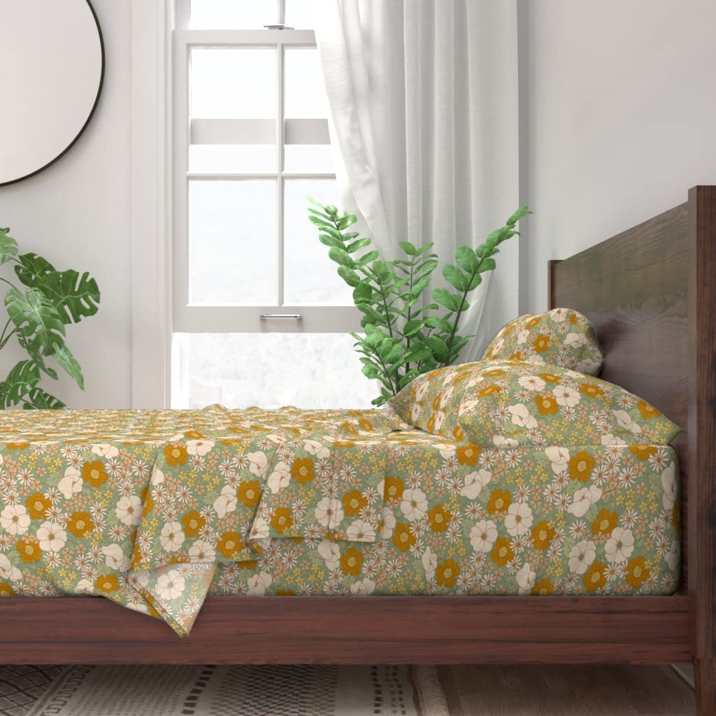 Spoonflower 100% Cotton Twin 3-Piece Sheet Set - Bohemian Dahlia Bloom Sage Floral Print | Custom Bedding for Boho Chic & Retro Bedroom Decor