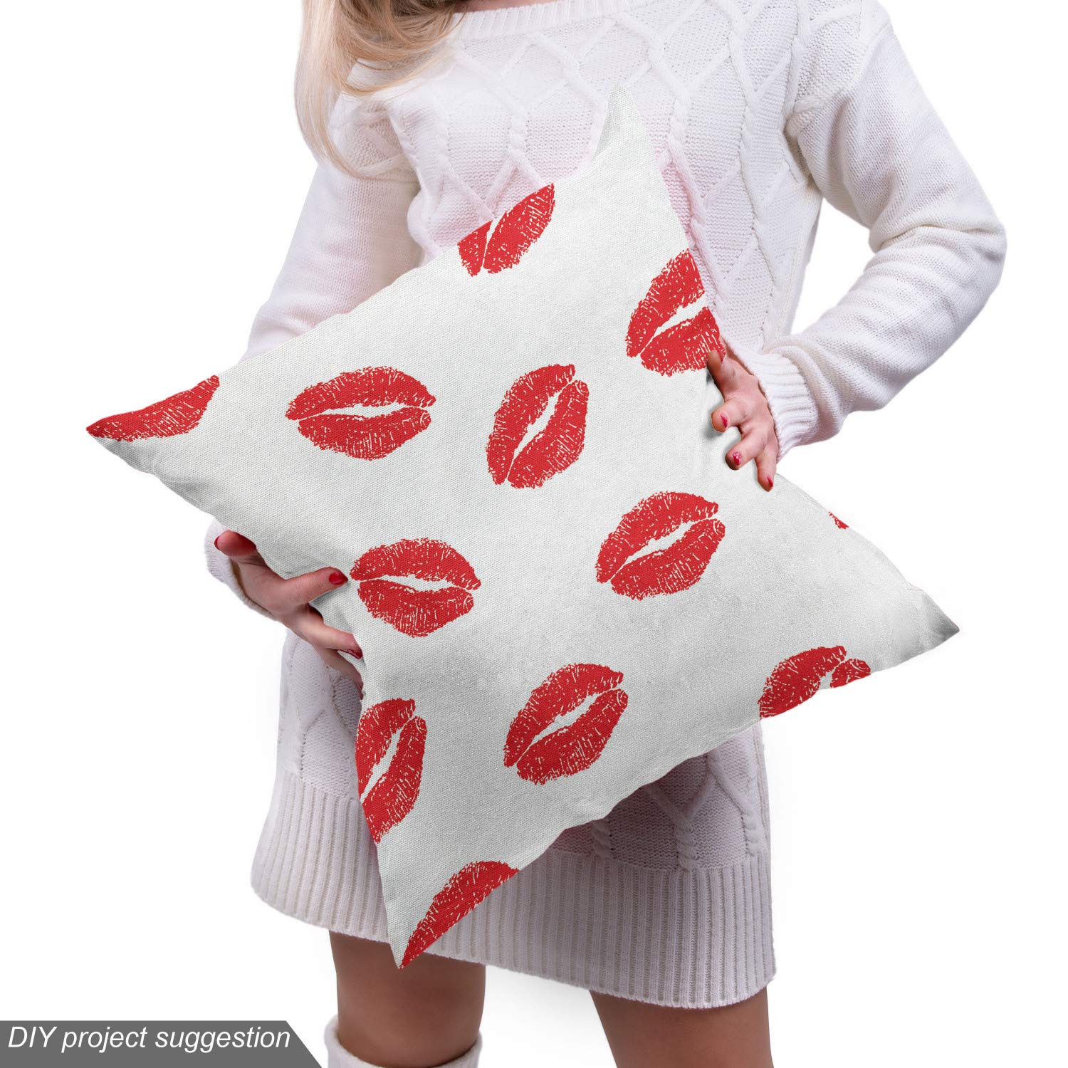 Ambesonne Lips Fabric by The Yard - Romantic Kisses Print Upholstery Material for Sofa, Curtains & Home Decor (10 Yards, Scarlet/White) | Perfect for DIY Projects, Throw Pillows & Bedroom Accents