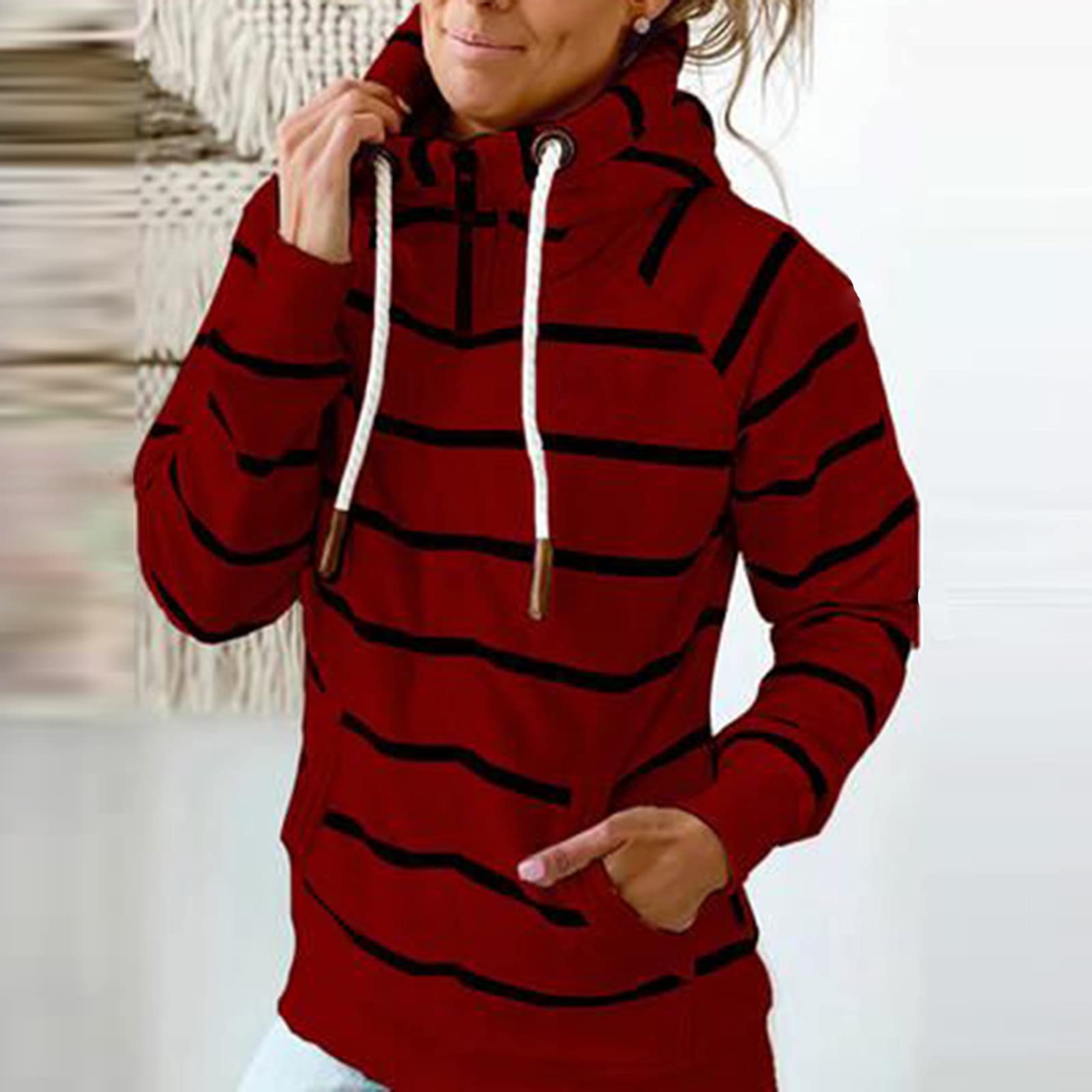 Women's Zip Hoodies with Stripe Turtleneck, Long Sleeve Drawstring Sweatshirt for Workout, Fall Casual Pocket Tops - Perfect for Gym, Outdoor Activities, and Everyday Wear
