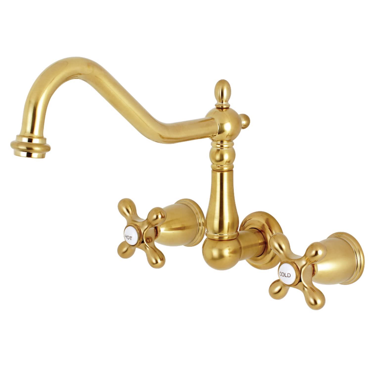Kingston Brass KS1287AX Brushed Brass Wall Mount Kitchen Faucet - Modern Pull-Down Sprayer for Farmhouse & Commercial Sinks