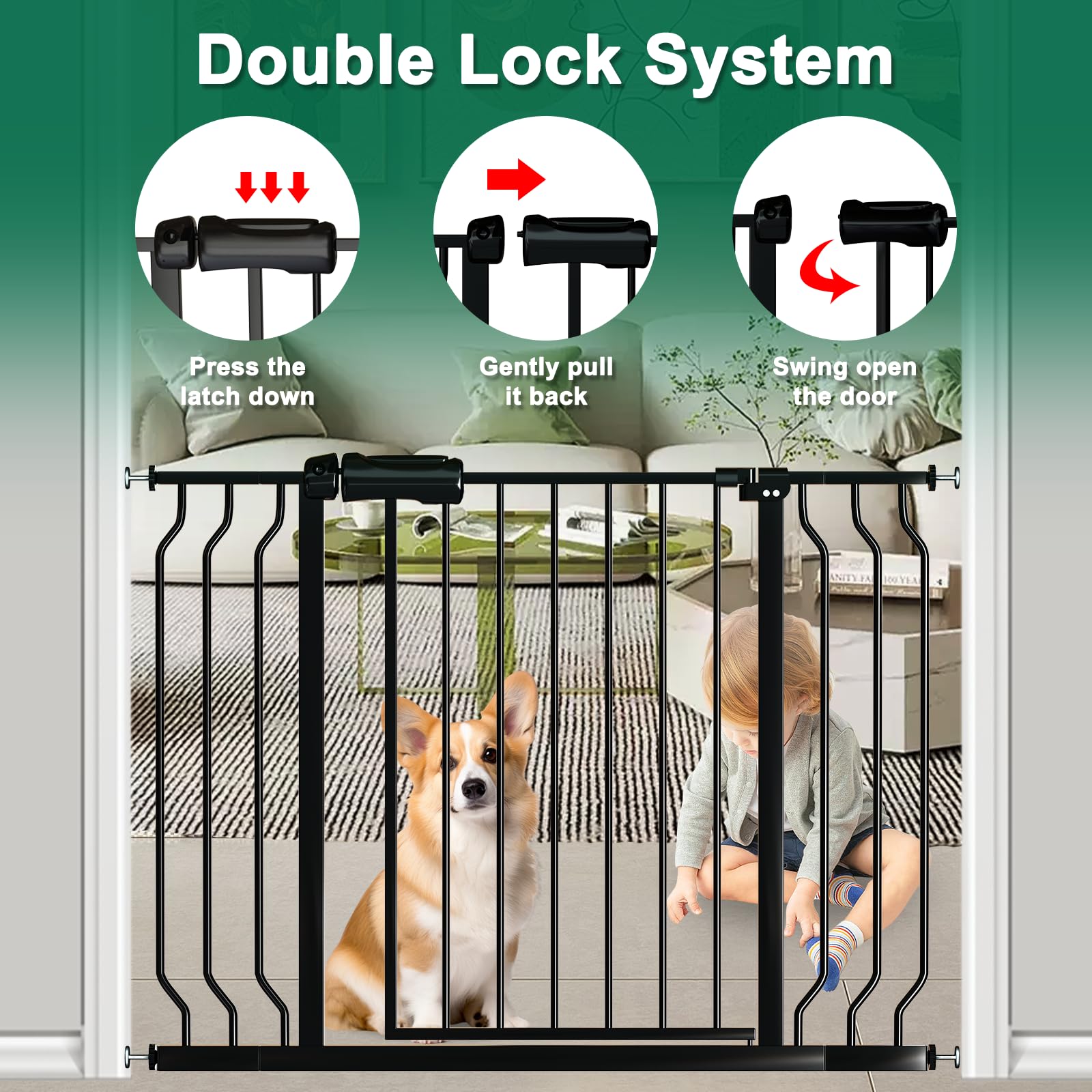 Fairy Baby Walk Through Black Baby Gate 34-38.5 Inch Wide - No Drill Pressure Mounted Safety Gate with Door - Tension Metal Pet Gate for Dogs & Toddlers - Perfect for Stairs, Hallways & Doorways
