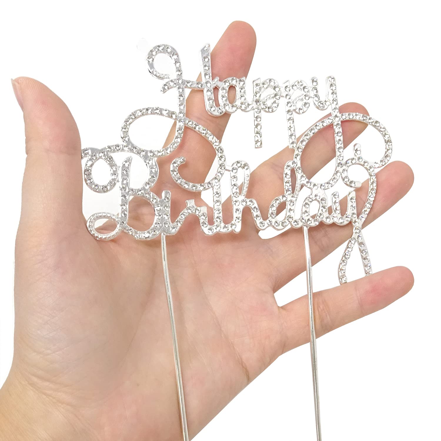 Honbay Sparkly Bling Alloy Crystal Rhinestone Birthday Cake Topper - Silver Wedding & Party Decoration for Birthdays, Anniversaries, Baby Showers