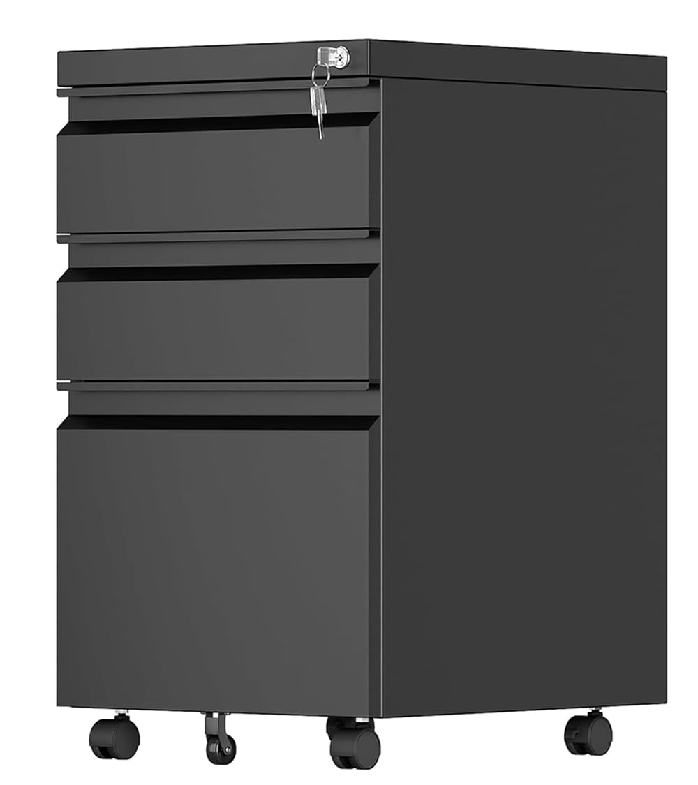 Aobabo 3-Drawer Lockable Metal File Cabinet with Wheels - Letter/Legal Size Home Office Storage - Black (Pre-Assembled) | Perfect for Organizing Documents in Small Businesses, Home Offices & Workspaces