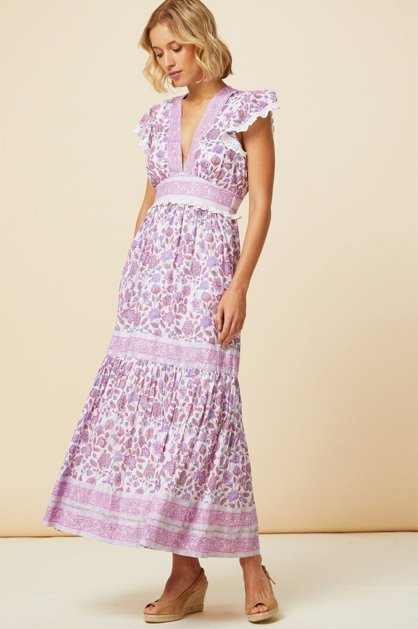 Pippa Block Print Dress | Garden Jaal Pink/White Floral Cotton Maxi Dress for Women | Perfect for Summer Vacations, Beach Outings & Boho Parties
