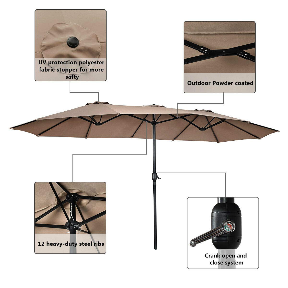 Tangkula 15 Ft Double-Sided Patio Umbrella with Crank - Outdoor Market Table Umbrella in Coffee Brown for Backyard, Poolside & Restaurant Use