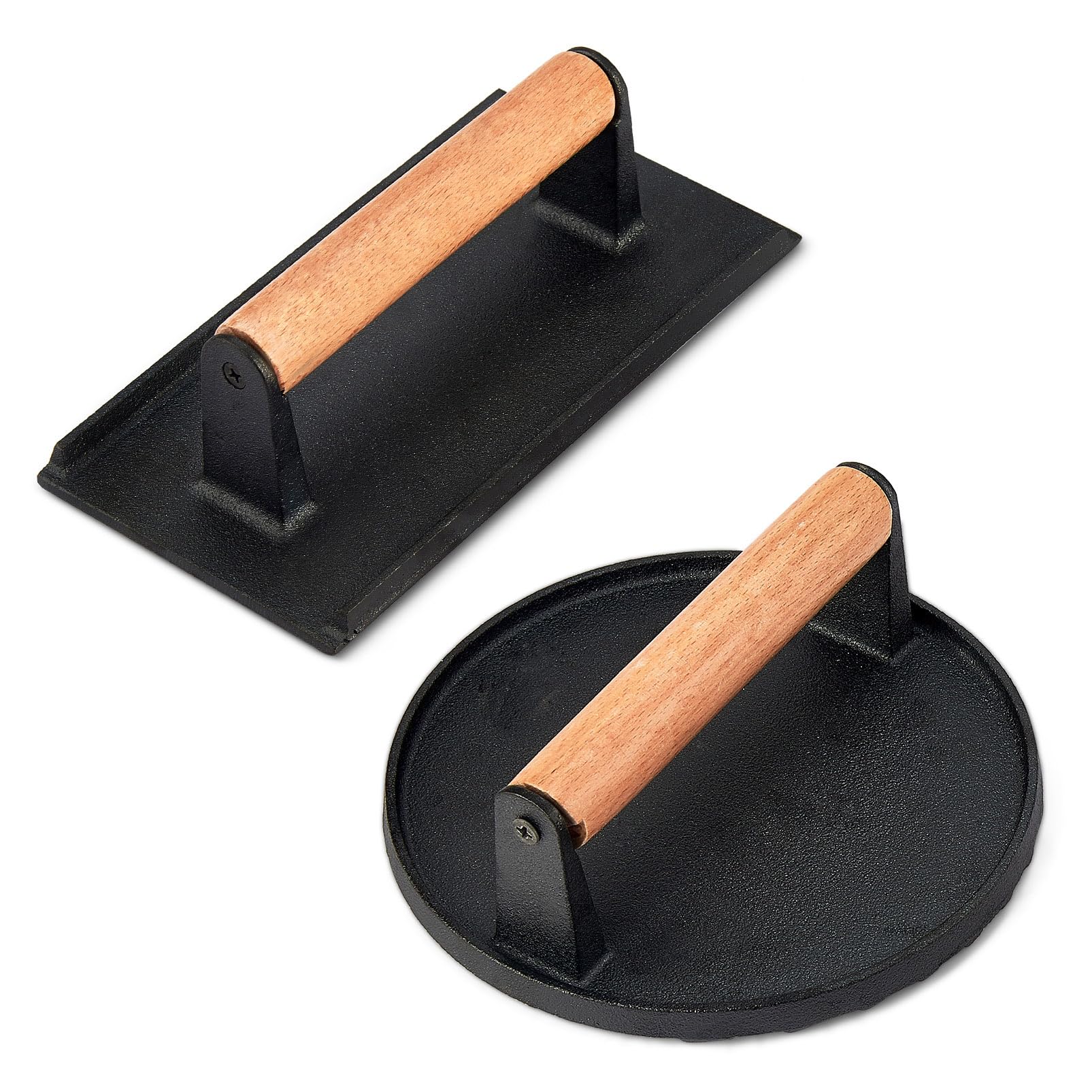 2Pcs Cast Iron Burger Press Set (Rectangular & Round) - Heavy Duty Smash Grill Press for Hamburgers, Steak & Bacon - Professional BBQ & Teppanyaki Cooking Accessories - Perfect for Grilling, Panini Press & Outdoor Cooking