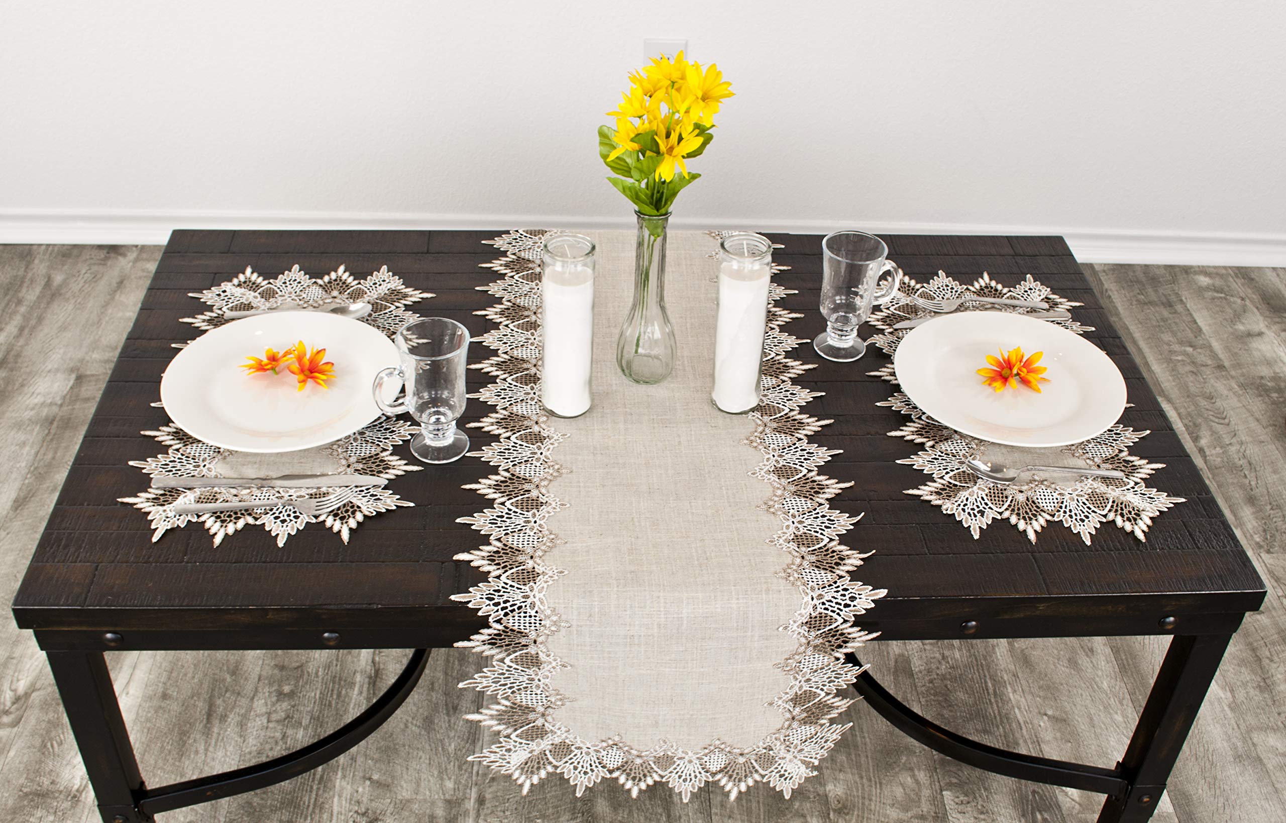 Neutral Earth Tones Lace Table Runner - 16x72 Inch Long Bohemian Dresser Scarf for Rustic Farmhouse Decor | Perfect for Dining Tables, Buffets, and Wedding Centerpieces