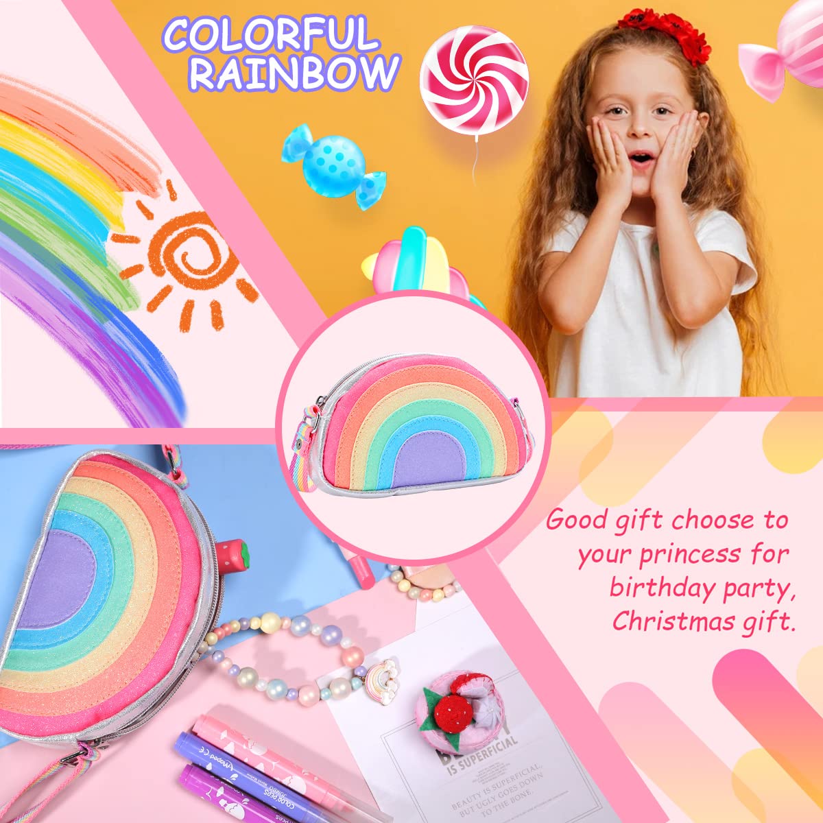 PinkSheep Rainbow Purse for Girls - Cute Toddler & Kids Wallet Shoulder Bag - Perfect for School, Birthday Gifts & Dress-Up Play