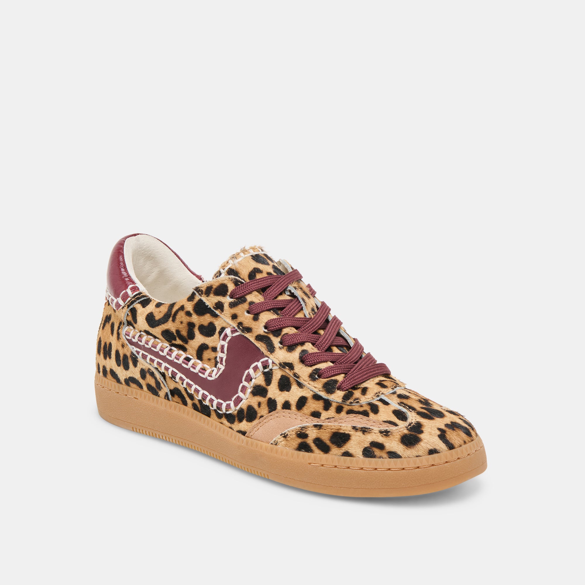 Stylish Notice Stitch Sneakers in Burgundy Leopard Calf Hair - Fashionable Women's Casual Shoes for Everyday Wear & Street Style