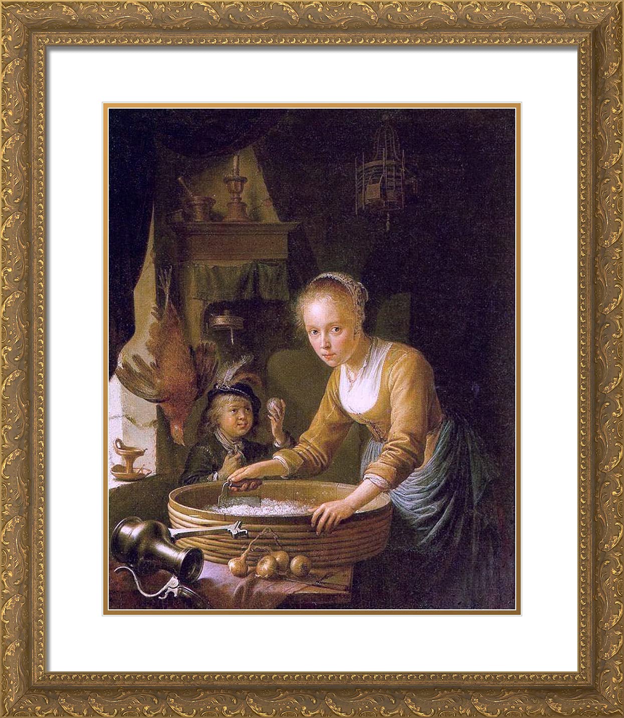 Gerrit Dou 'Girl Chopping Onions' 20x23 Inch Gold Ornate Framed Art Print with Double Mat - Baroque Dutch Master Painting - Perfect for Dining Room, Kitchen Decor & Art Lovers Gift