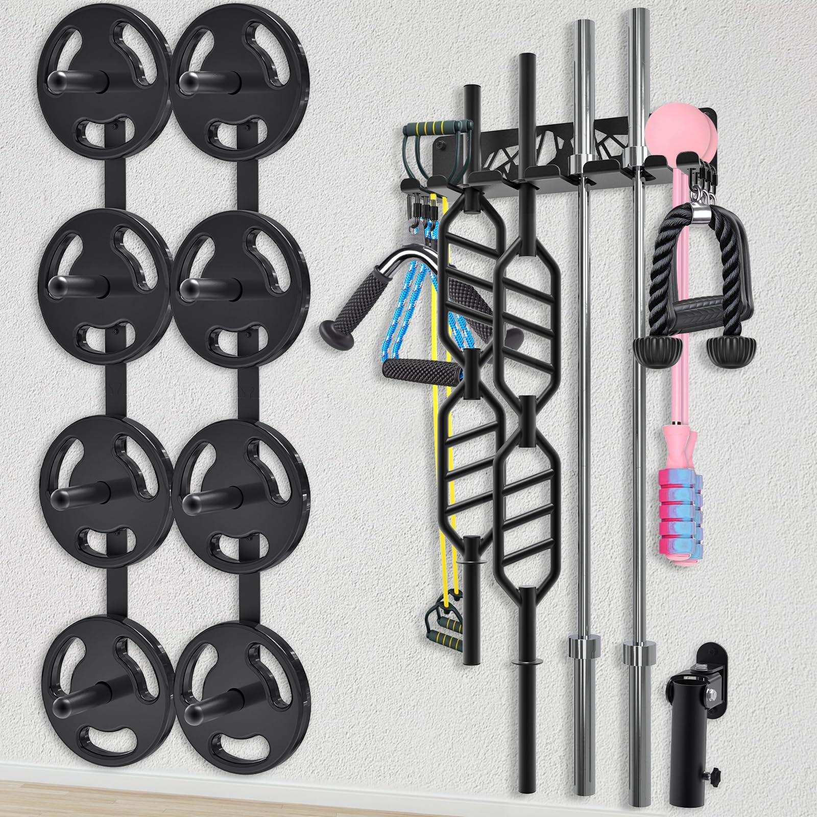 **Kipika Gym Organizer Set - 2 Pack Wall Mounted Weight Plate & Barbell Storage Rack with T-Bar Row Landmine Platform - Heavy Duty Steel Construction, Easy Installation - Perfect for Home Gym & CrossFit Workouts**