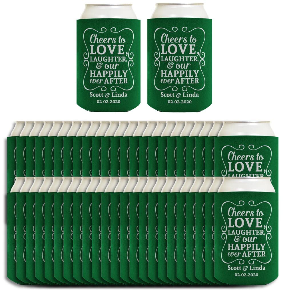 Cheers To Love Custom Names & Date 48-Pack Personalized Can Coolers - Wedding, Anniversary, Bridal Shower, Birthday Party Drink Sleeves for Beer & Soda Cans - Forest Design