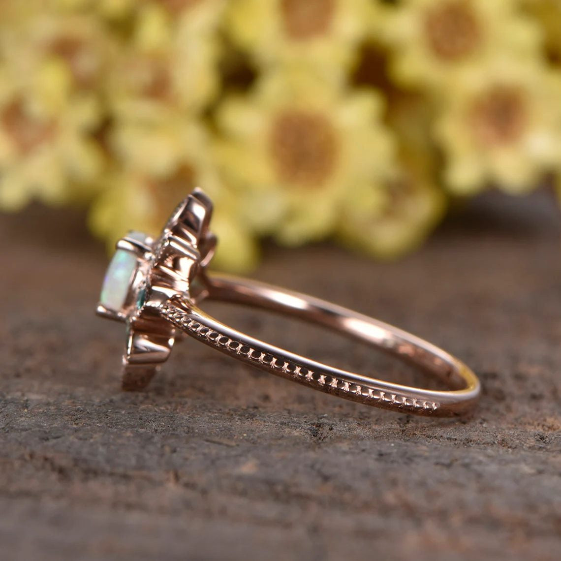 Australian Boulder Opal Flower Emerald Halo Engagement Ring - Nature Inspired Cluster Wedding Ring for Women, Perfect for Proposals, Anniversaries & Special Occasions