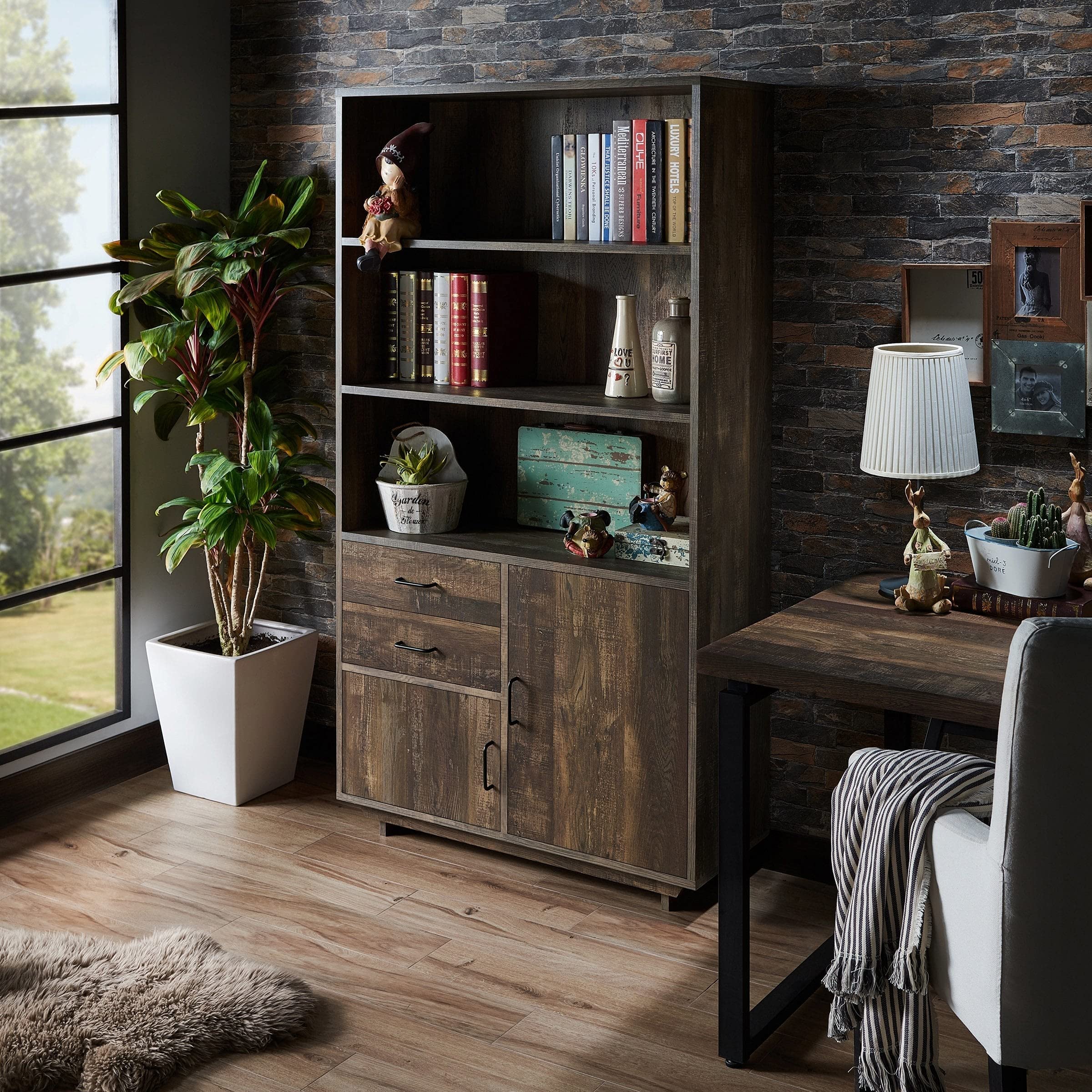 Furniture of America Jart Country Oak 5-Tier Multi-Storage Bookshelf - Rustic Oak Wood Bookcase for Living Room, Bedroom & Office Organization
