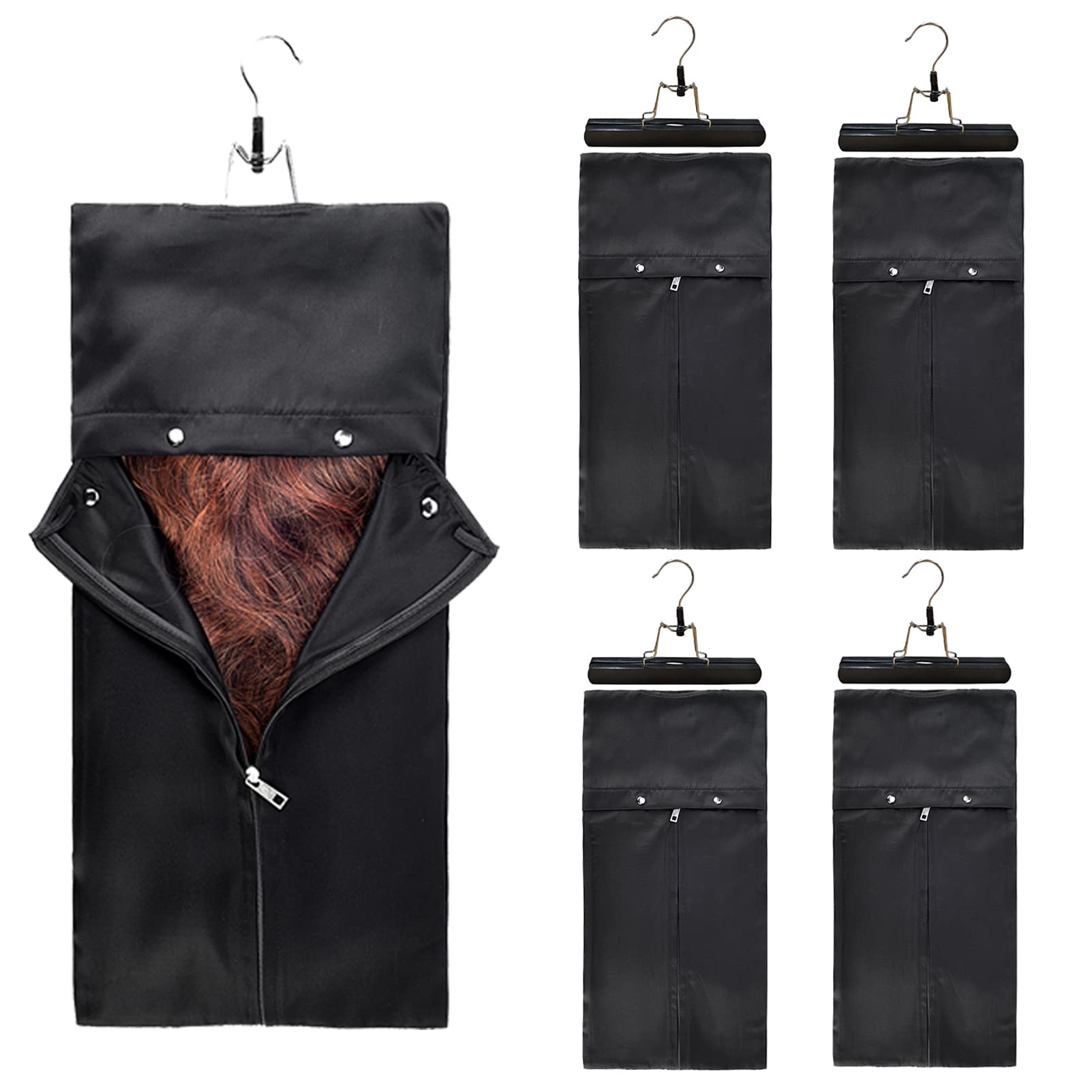 5 Pack Satin Hair Extension Storage Bags - Dustproof Folding Wig Organizer with Wooden Hangers for Home & Salon Use (Black) | Perfect for Travel, Styling & Professional Storage