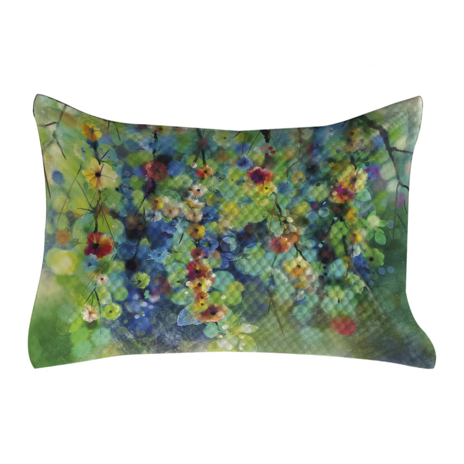 Ambesonne Floral Quilted Pillow Cover - Vibrant Spring Flower Design, King Size 36x20 Inches, Blue & Green - Perfect for Bedroom Decor, Sofa Accent & Seasonal Home Styling