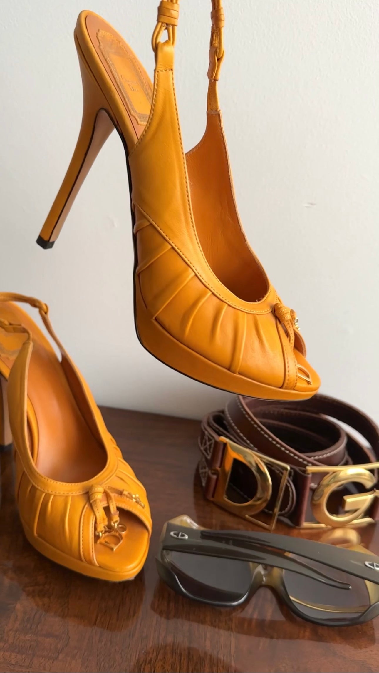 Christian Dior Mustard Yellow Leather Peep Toe Slingback Heels Size 8.5 - Luxury Women's High Heel Sandals for Evening Parties & Weddings