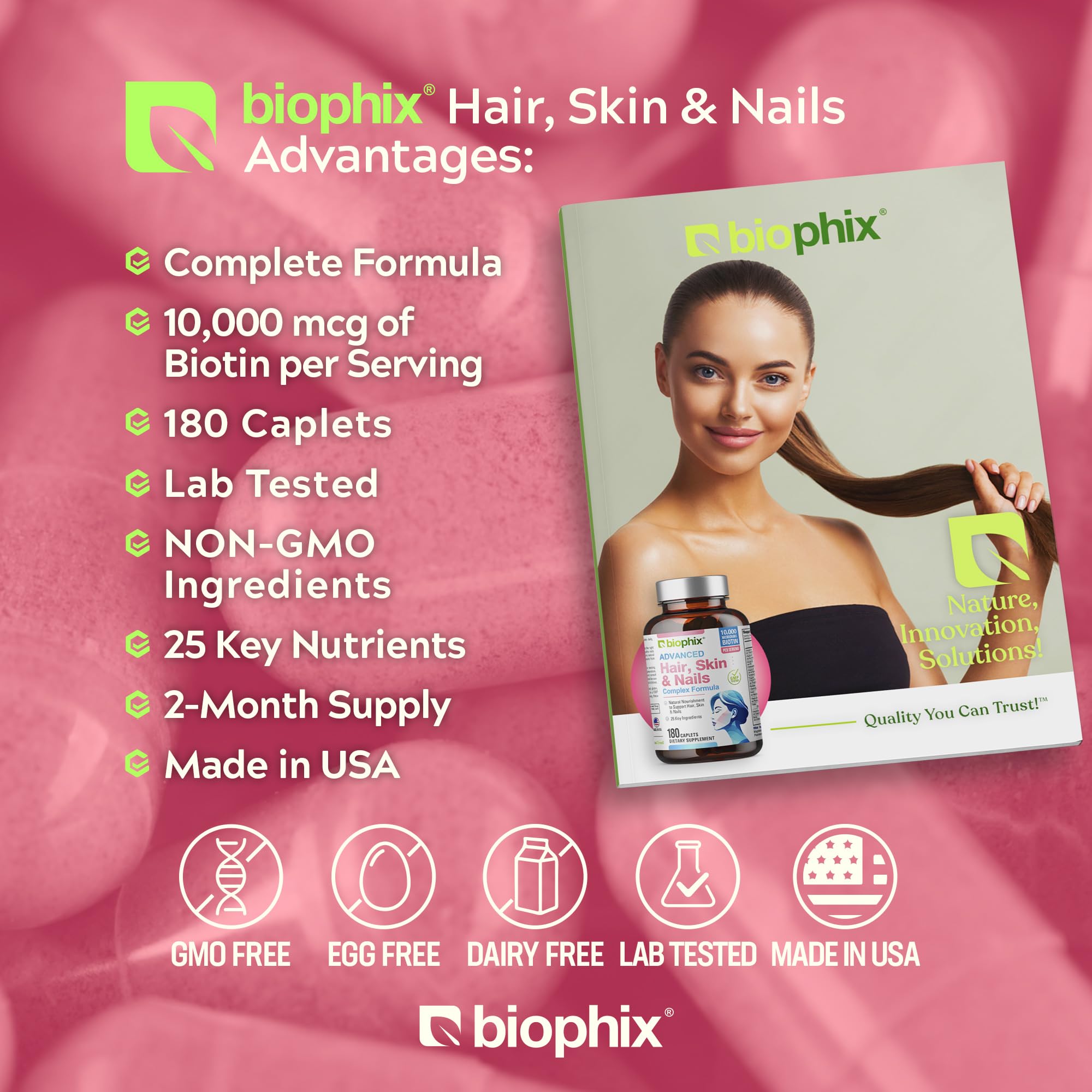 Biophix Hair Skin and Nails Complex 180 Caplets with 10,000 mcg Biotin - Multivitamin Supplement for Strong Nails, Healthy Hair & Skin, Anti-Aging Support - Perfect for Daily Beauty & Wellness Routine