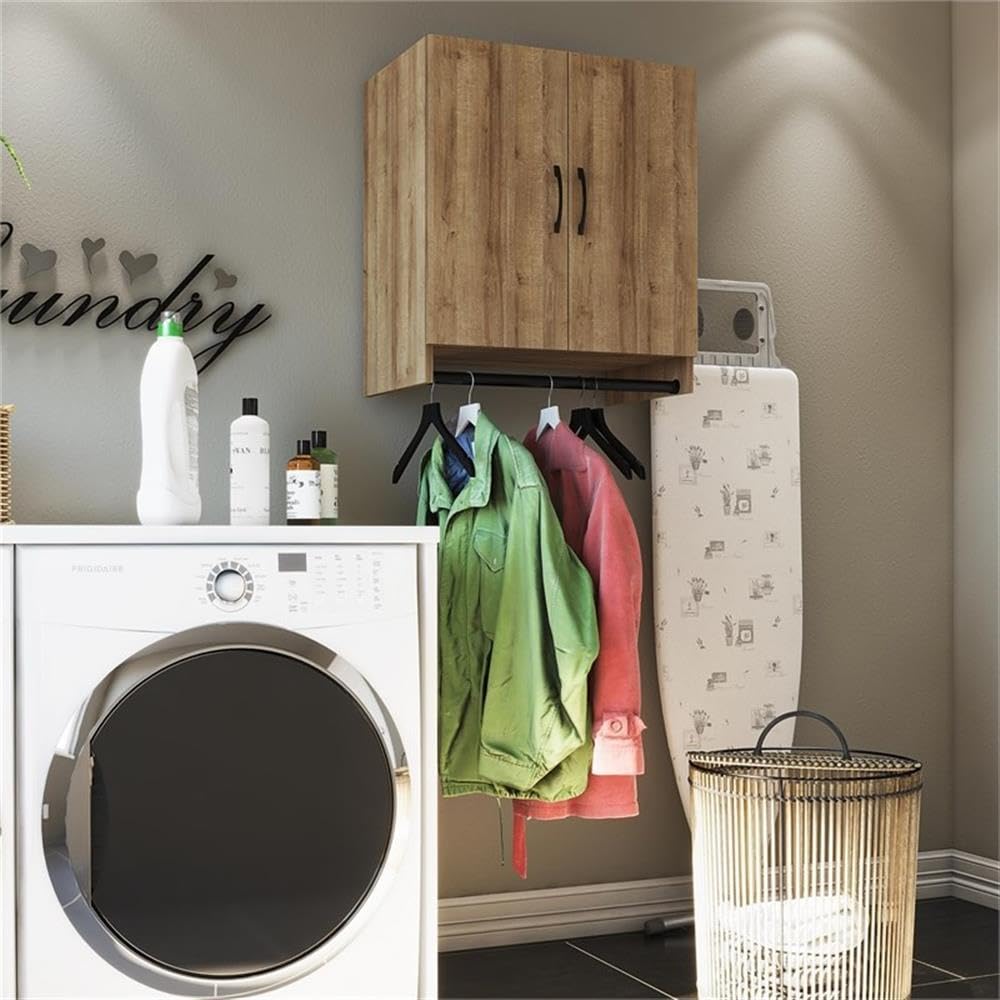 Pemberly Row 2-Door Wall Cabinet with Hanging Rod - Natural Finish for Bedroom Storage