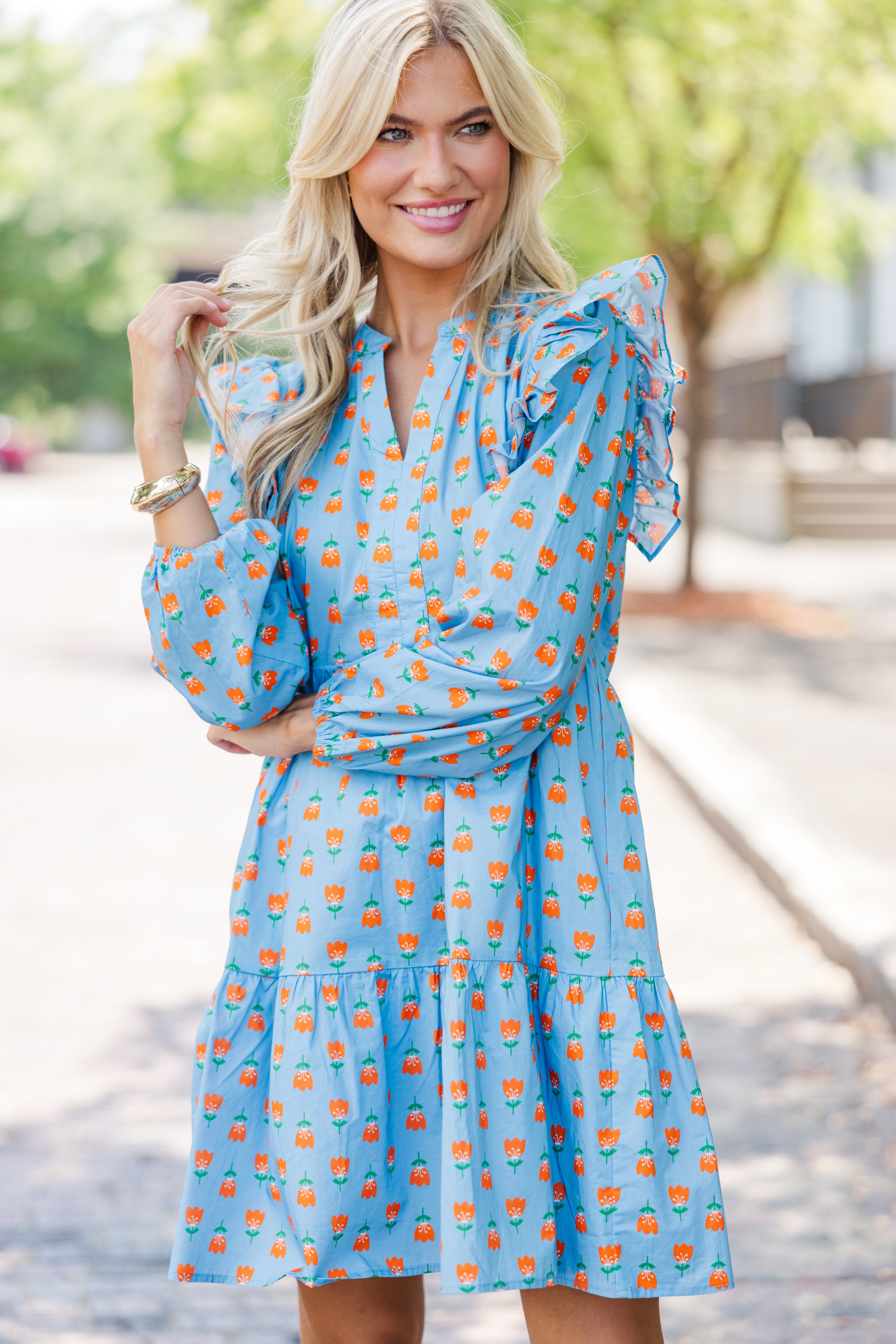 Blue Floral Long Sleeve Babydoll Dress for Women - Elegant Loose Fit Party & Date Night Outfit