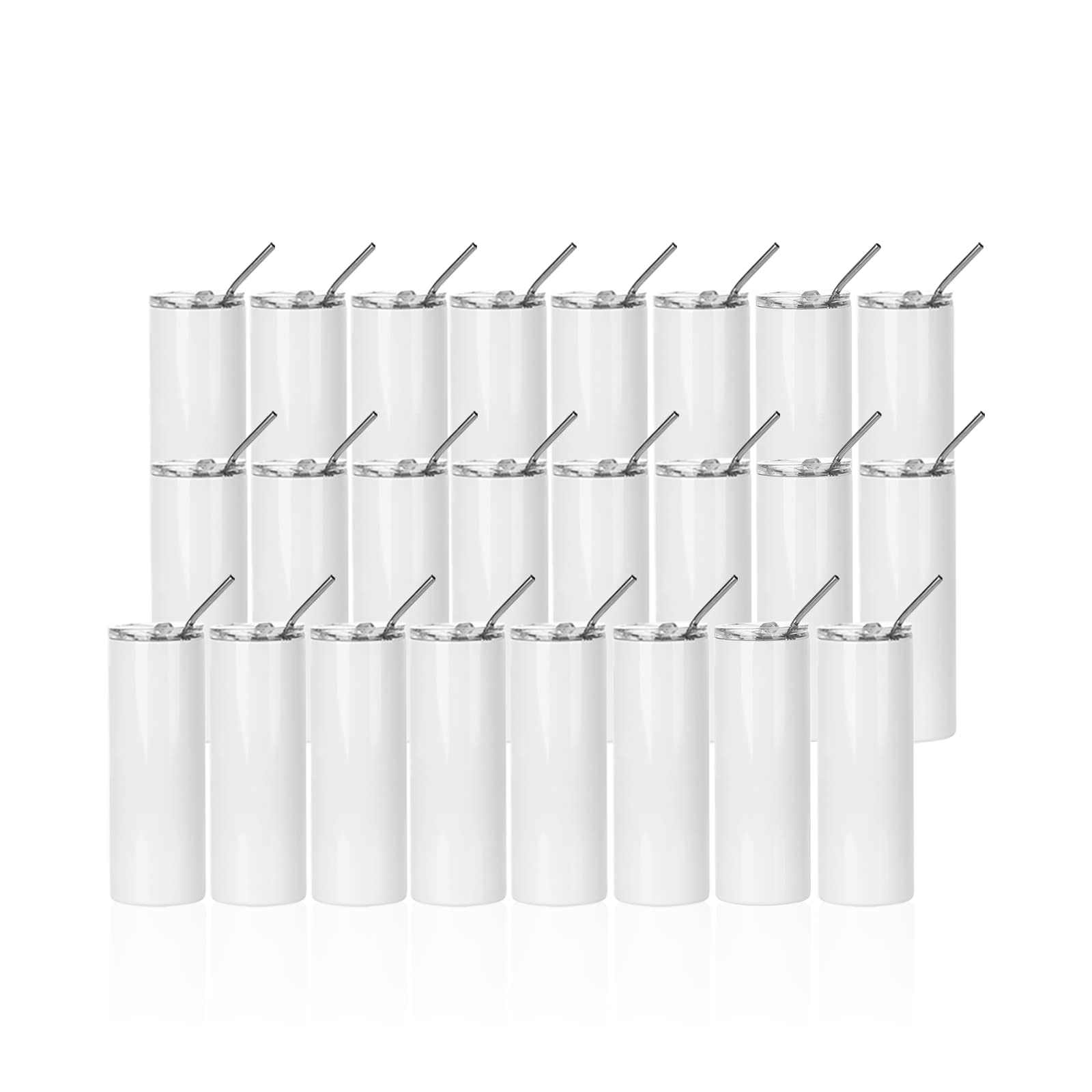 PYD Life 24 Pack 20oz Skinny Sublimation Tumblers - Stainless Steel Blank Cups with Lids & Metal Straws for Heat Press Printing | Bulk White Straight Tumblers for DIY Crafts, Personalized Gifts, and Drinkware Business