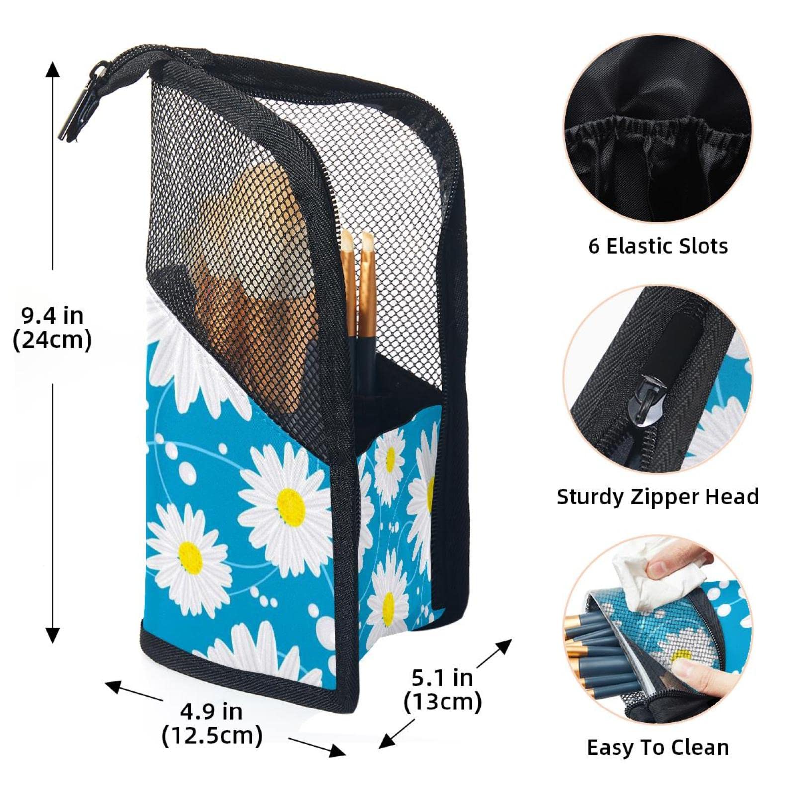 Floral Daisy Makeup Brush Organizer Bag with 12 Brushes - Portable Cosmetic Brush Holder Case for Travel & Home Vanity Storage